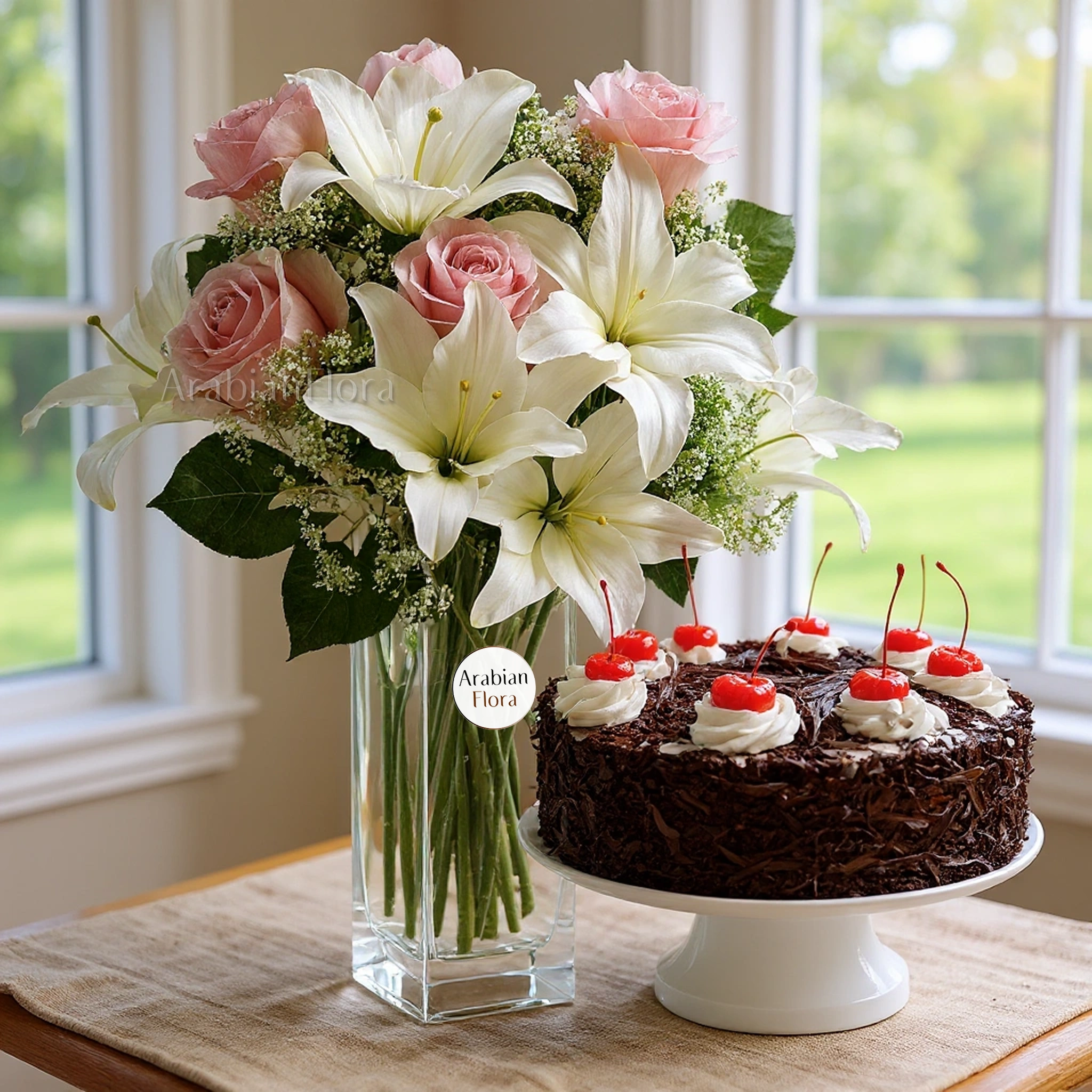 Bouquet of 2 White Lilies and 8 Peach Roses with 1 kg Black Forest Cakes