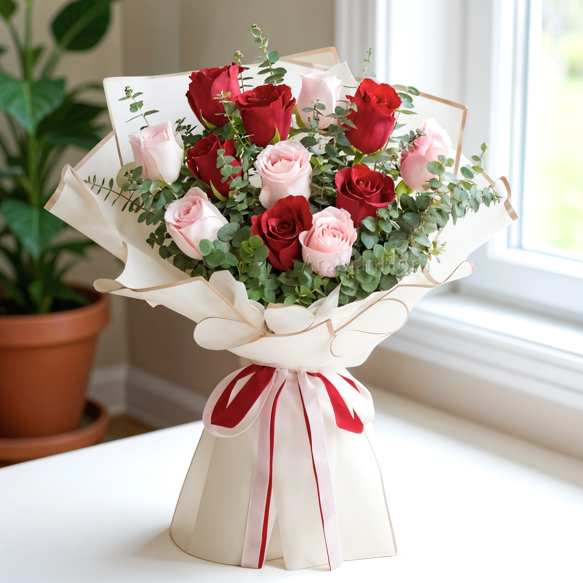 12 stems of red and pink roses with lots of eucalyptus leaves
