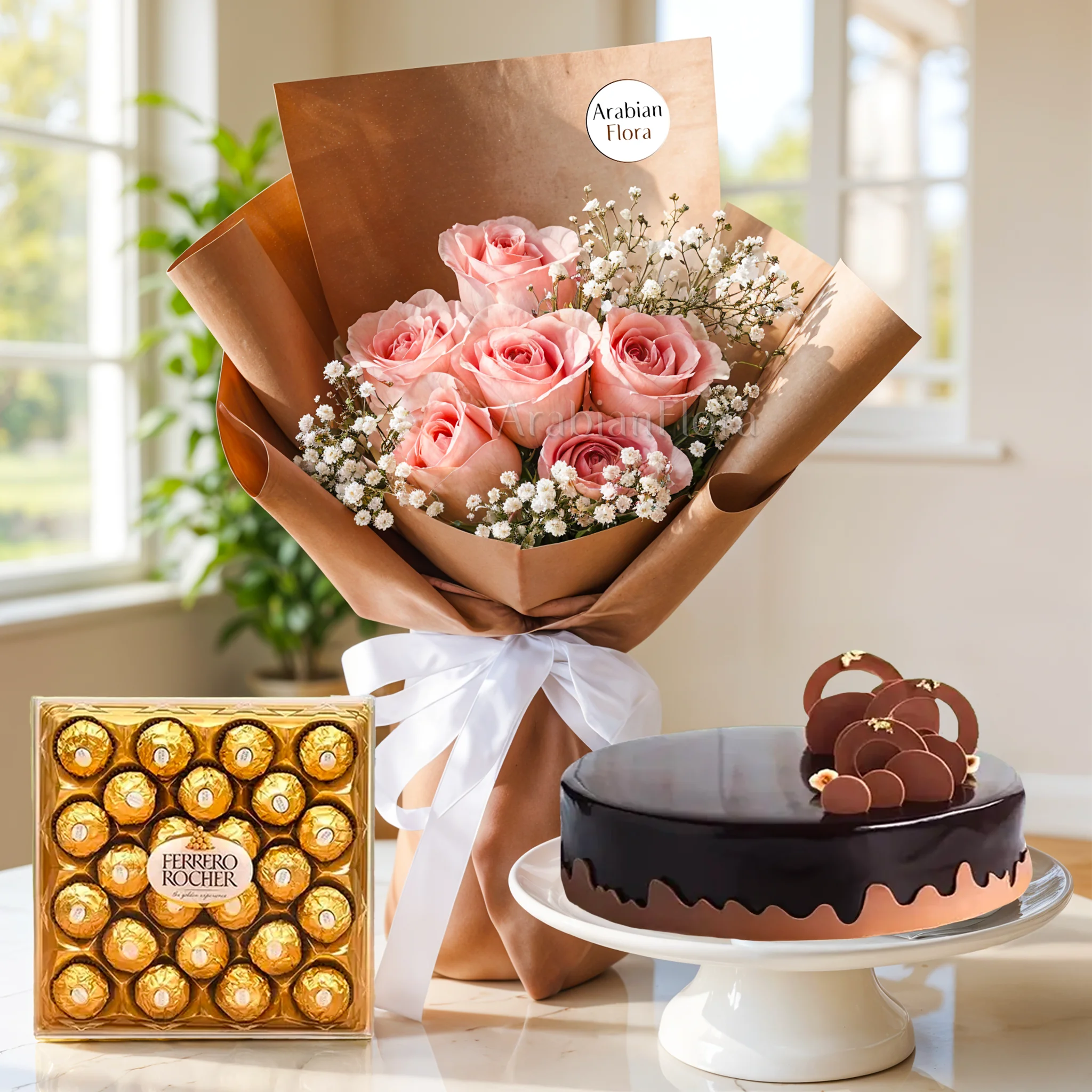 Bouquet of 6 pink roses with fillers in nice wrapping and 1 kg chocolate cake with 24 Pcs Ferrero Rocher chocolate