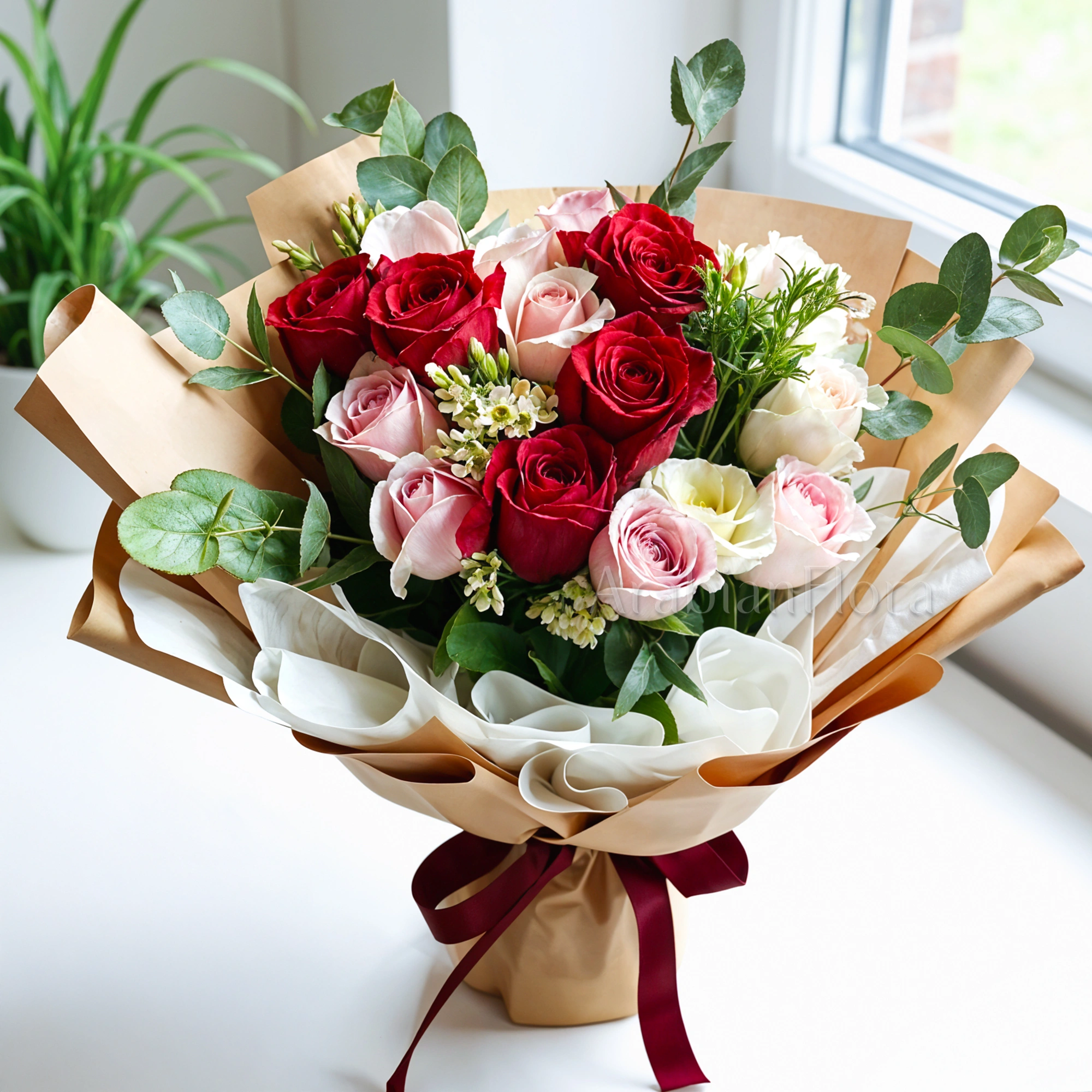 Bouquet of 6 stems of pink roses and 6 stems of red roses with eucalyptus leaf with green fillers in nice wrapping.