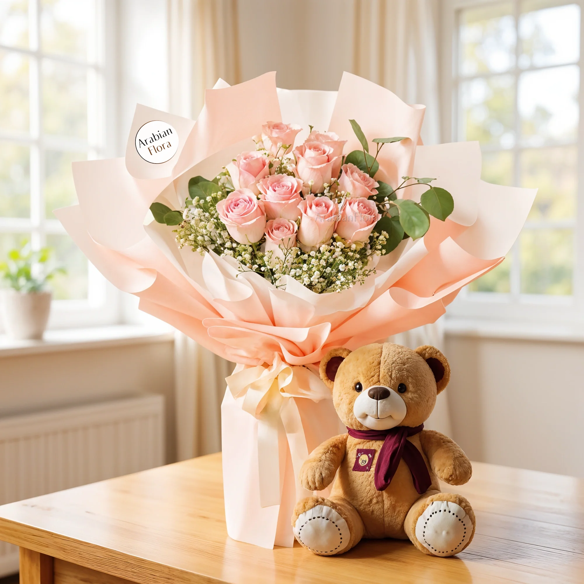 Bouquet of 10 pink roses with Small Brown Teddy Bear