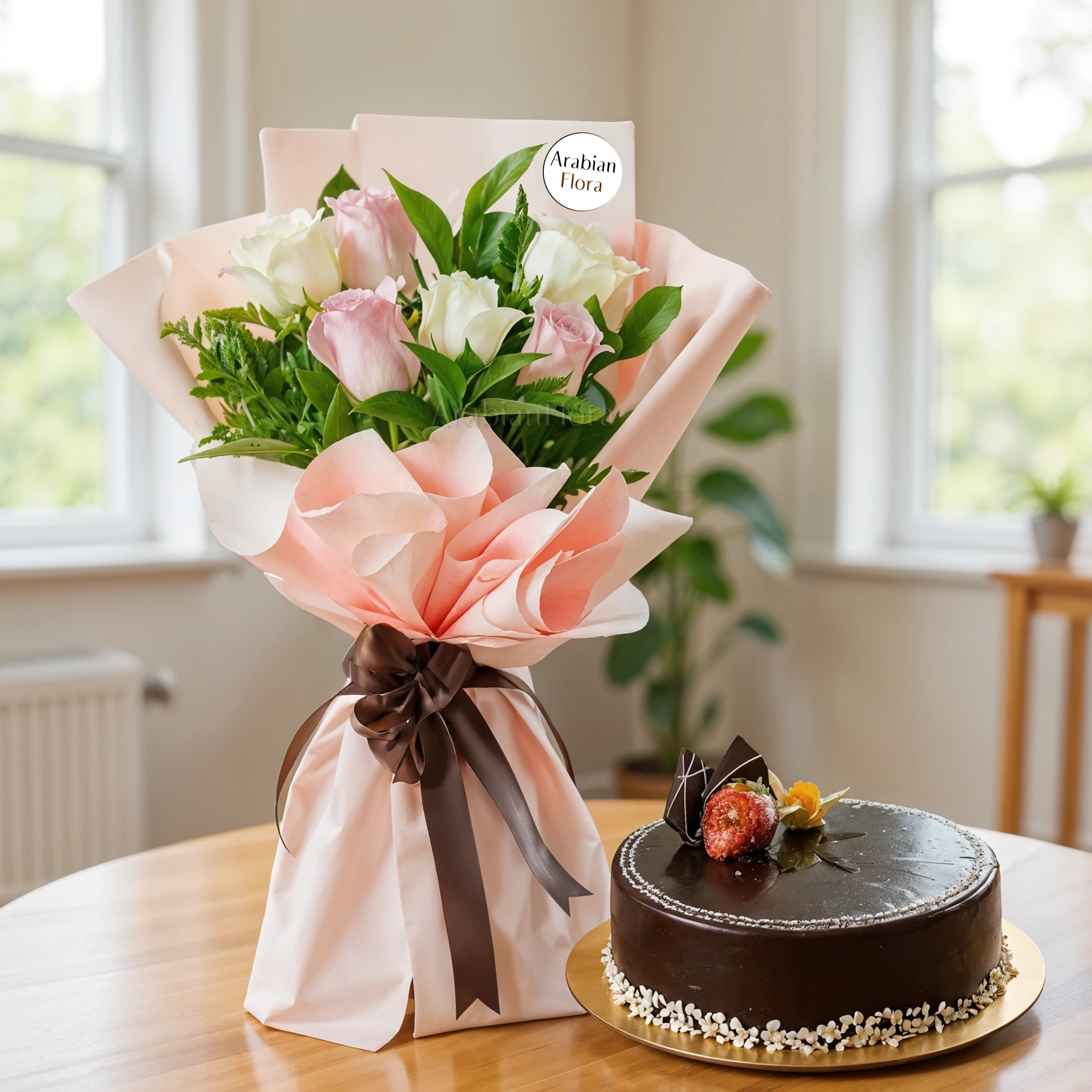 Bouquet of 6 pink and white roses with green fillers in nice wrapping and 1 kg chocolate cake.