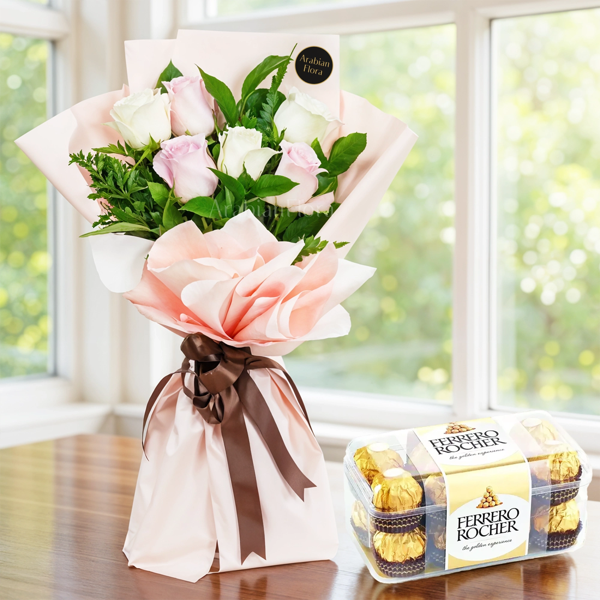 Bouquet of 6 pink and white roses with 16 pcs of ferrero rocher chocolate.