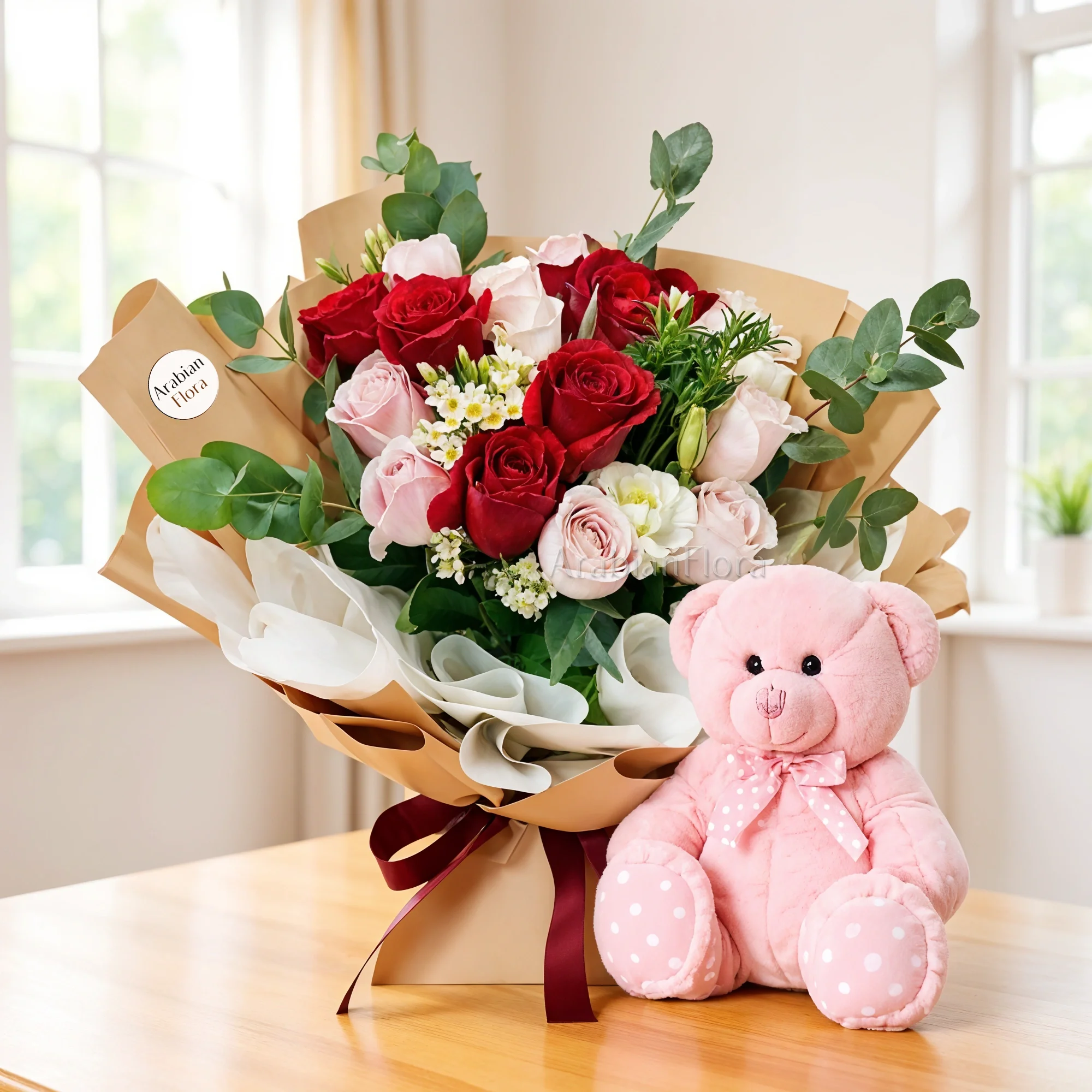 Bouquet of 12 Roses with 12 inches teddy bear