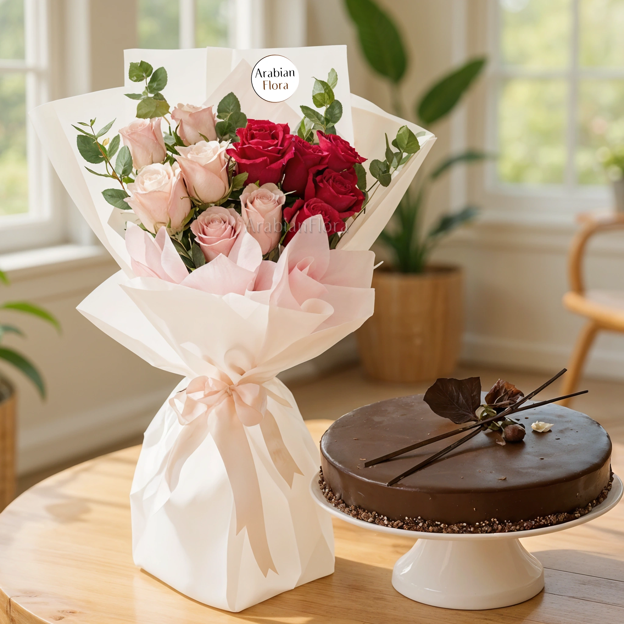 Bouquet of 6 red and 6 pink roses with green fillers in nice wrapping and 1 kg chocolate cake.