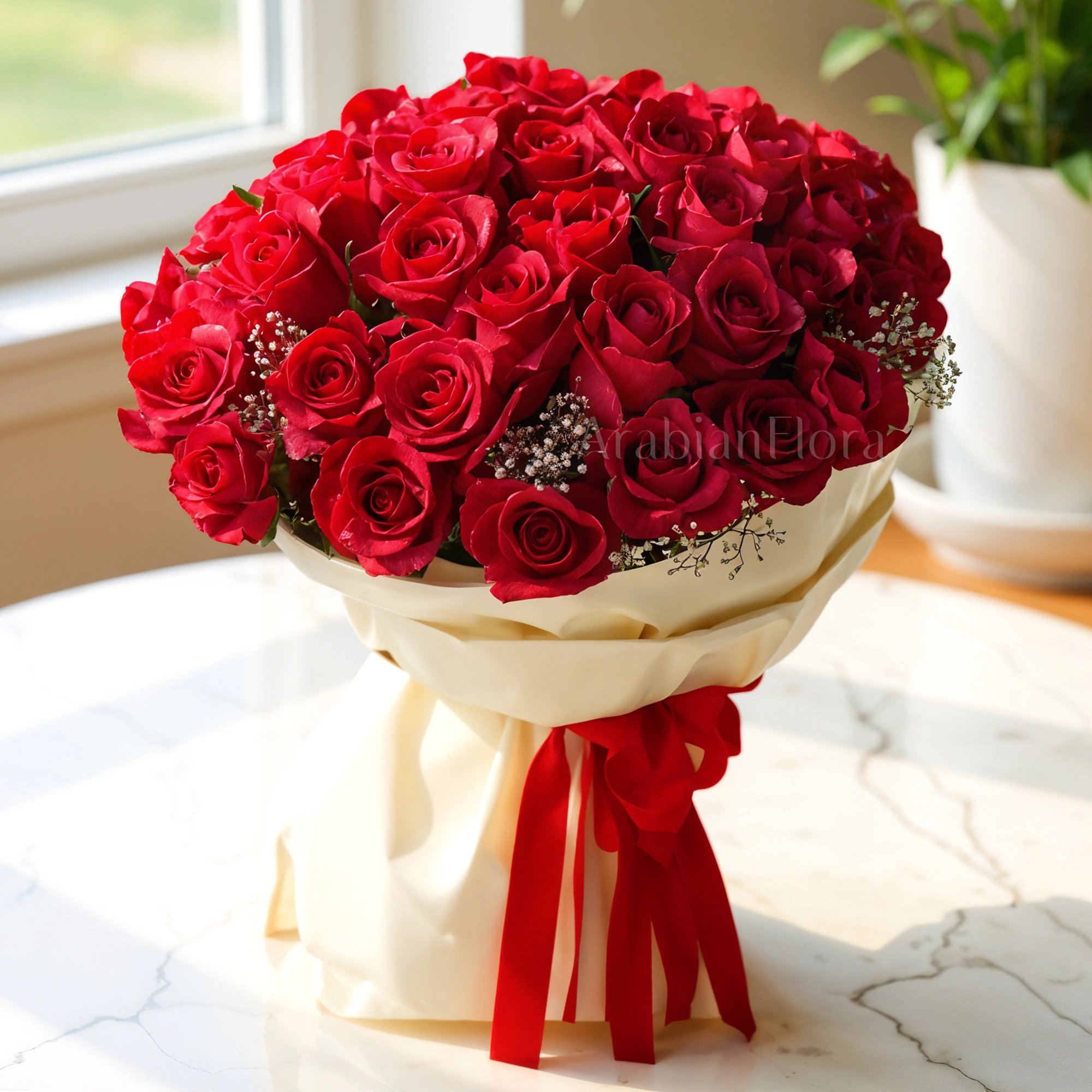Bouquet of 40 stems of red roses with fillers beautifully wrapped in paper packing and ribbons