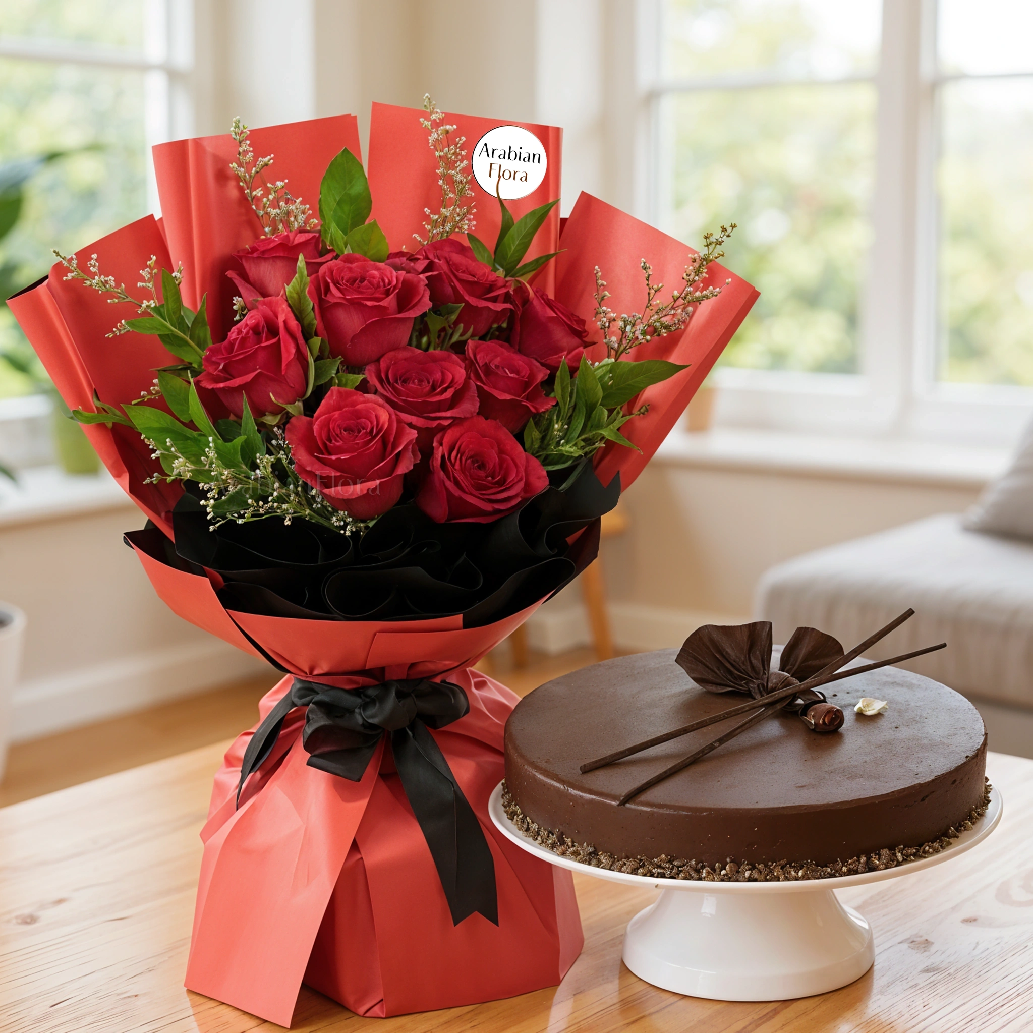 Bouquet of 10 red roses with green fillers in nice wrapping and 1 kg chocolate cake.