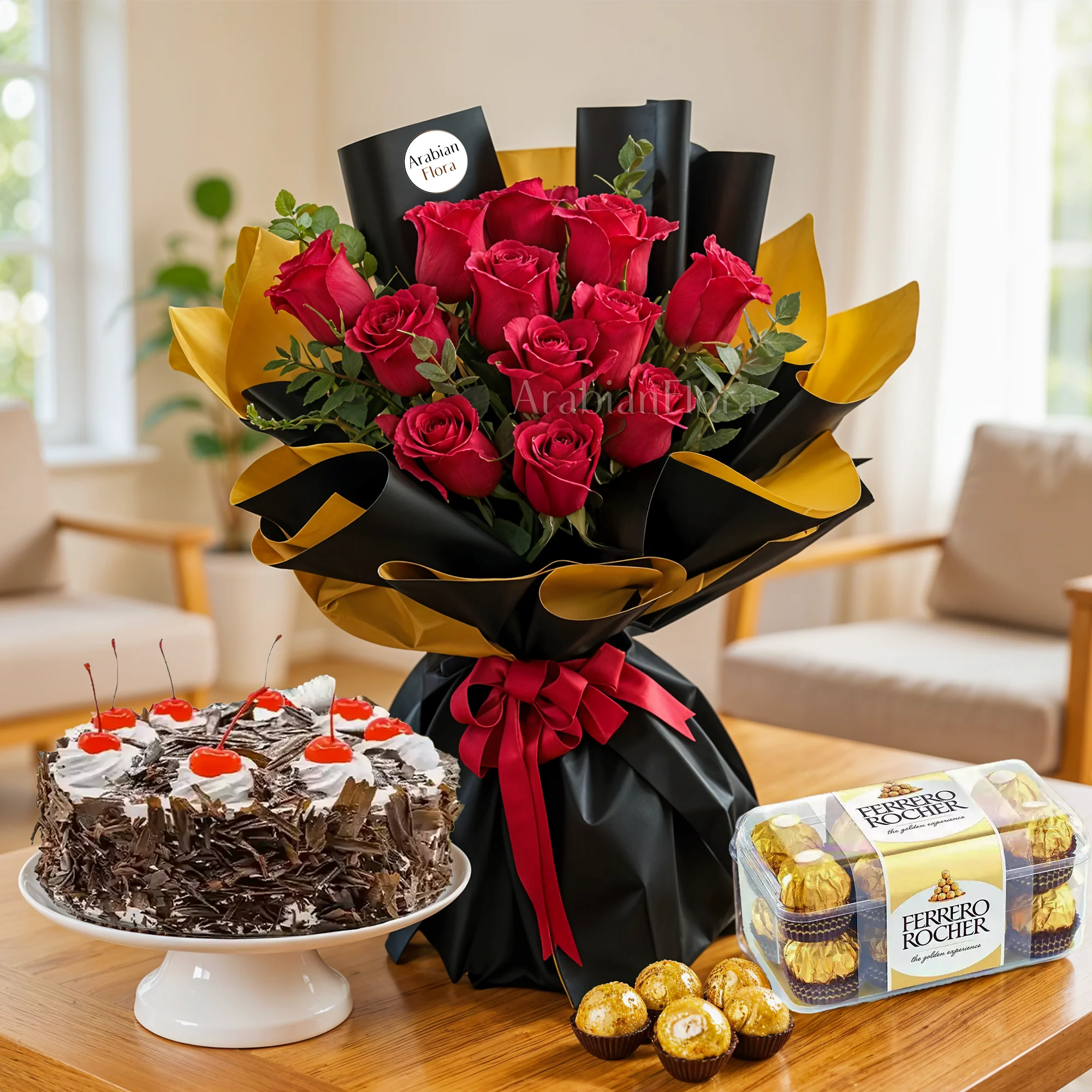 red rose, black forest cake, Ferrero Rocher chocolate, Bouquet