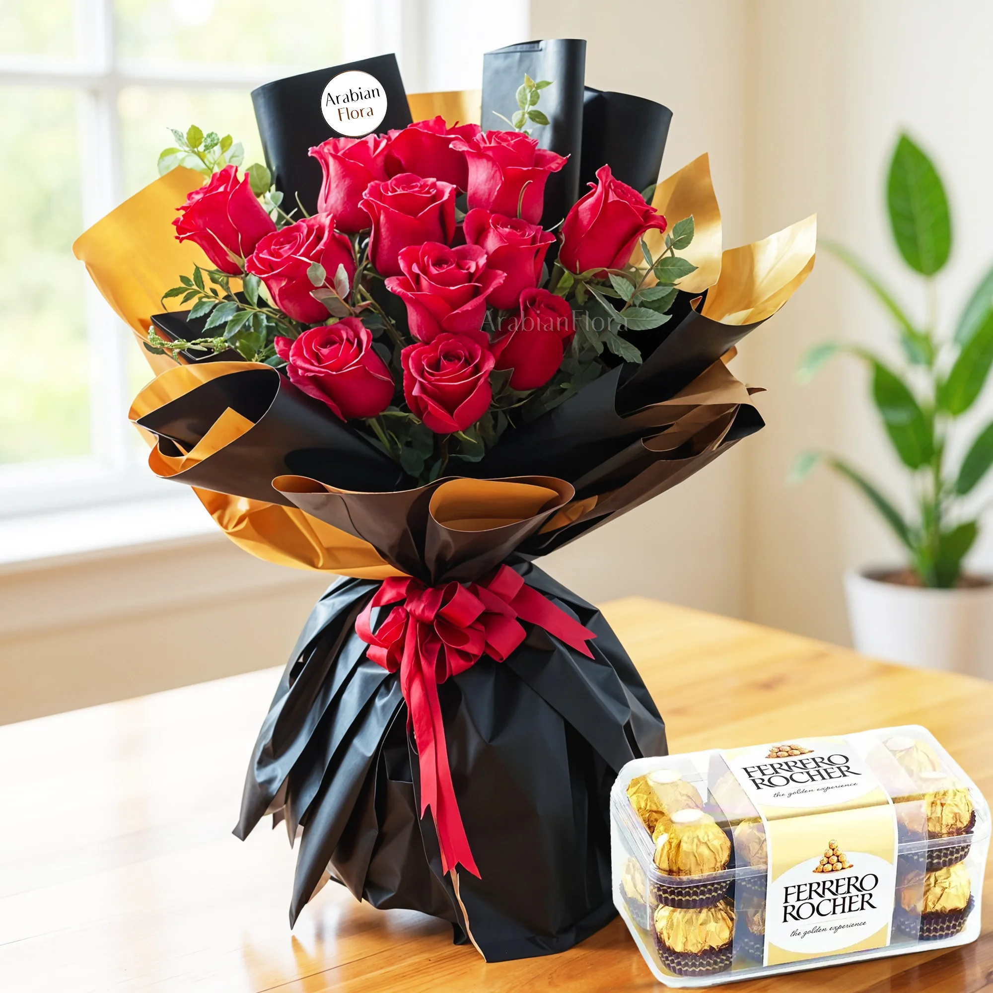 Bouquet of 12 red roses with 16 Pcs Ferrero Rocher.