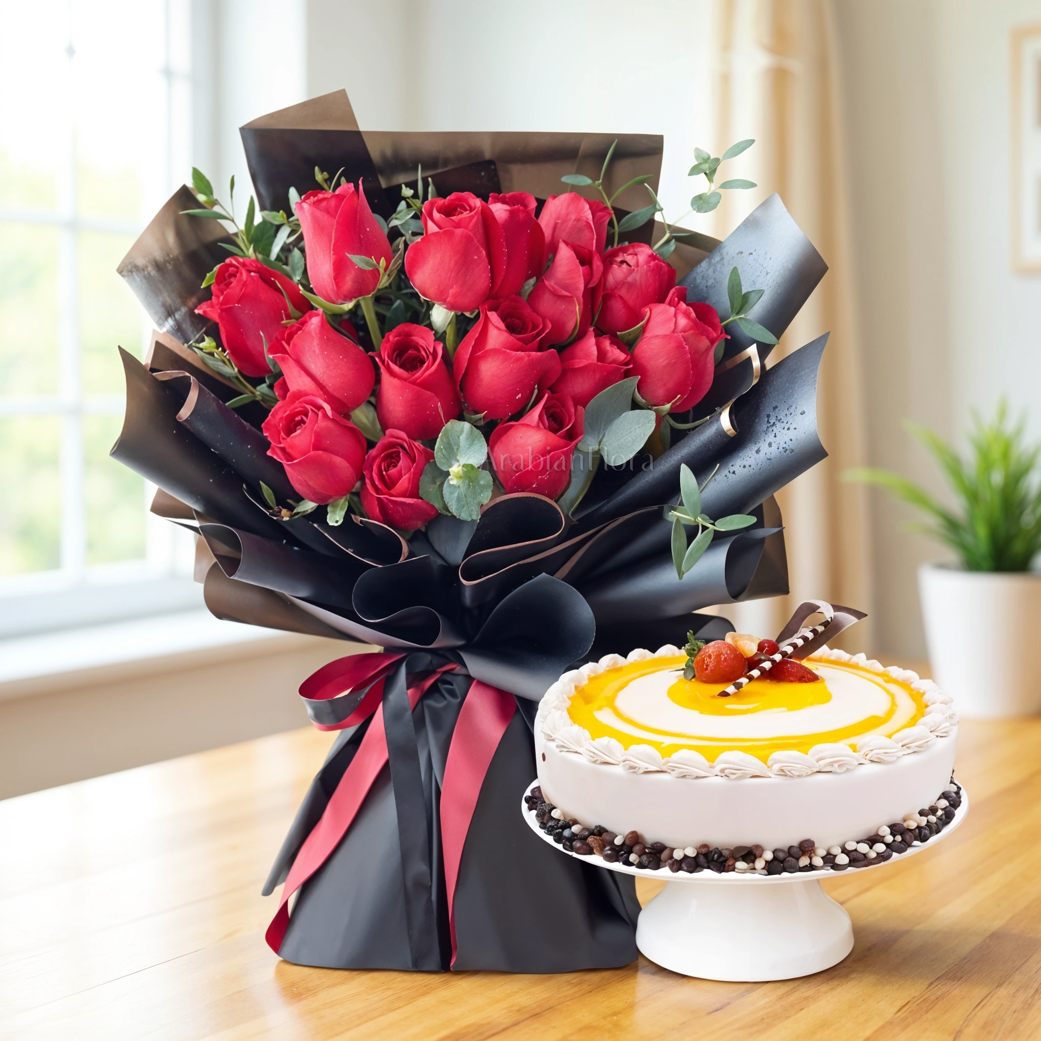 Bouquet of 12 stems of red roses and 1 Kg Butterscotch Cake