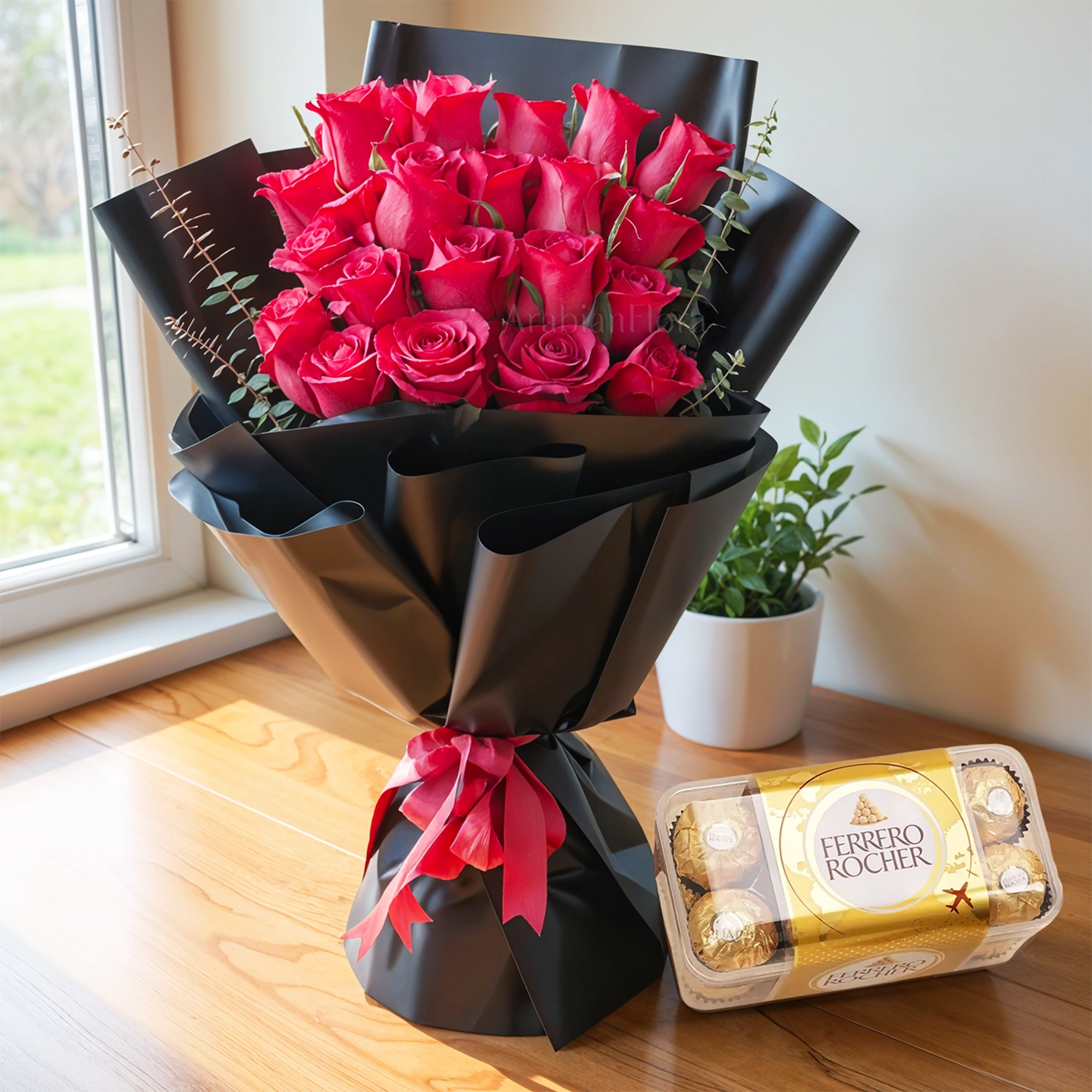 Bouquet of 20 red roses with 16 Pcs Ferrero Rocher Chocolate.