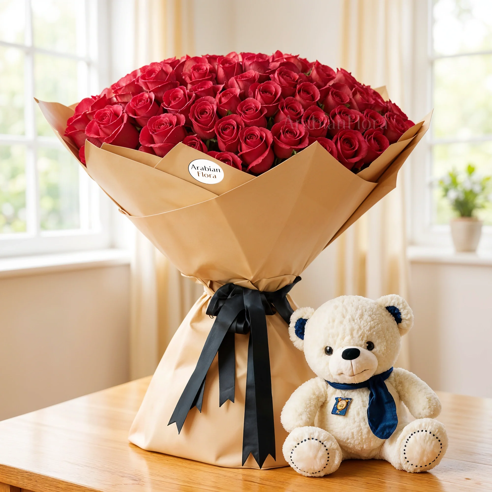 Bouquet of 100 red roses with a Small Size White Teddy Bear