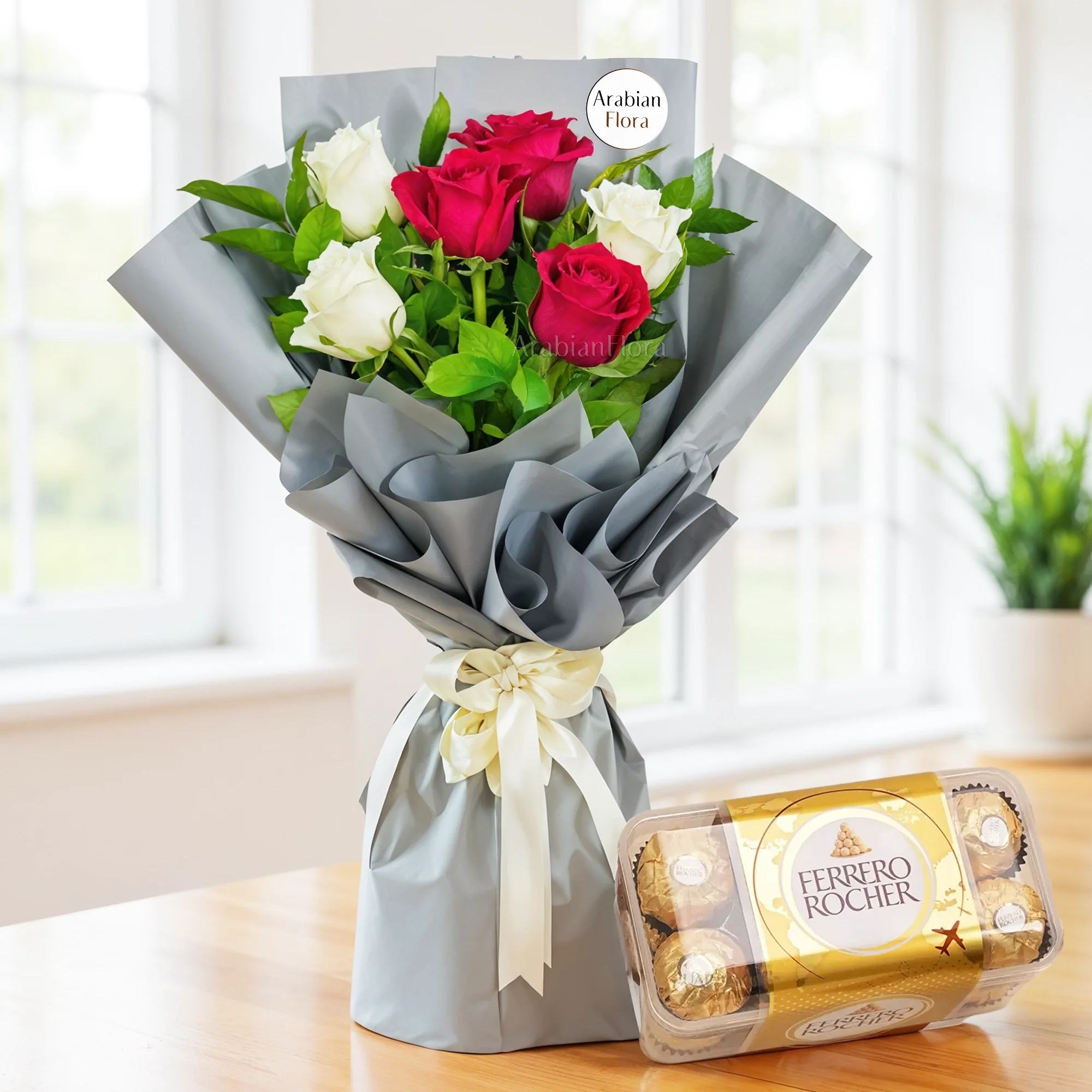 Bouquet of 6 red and white roses with 16pcs ferrero rocher chocolate.