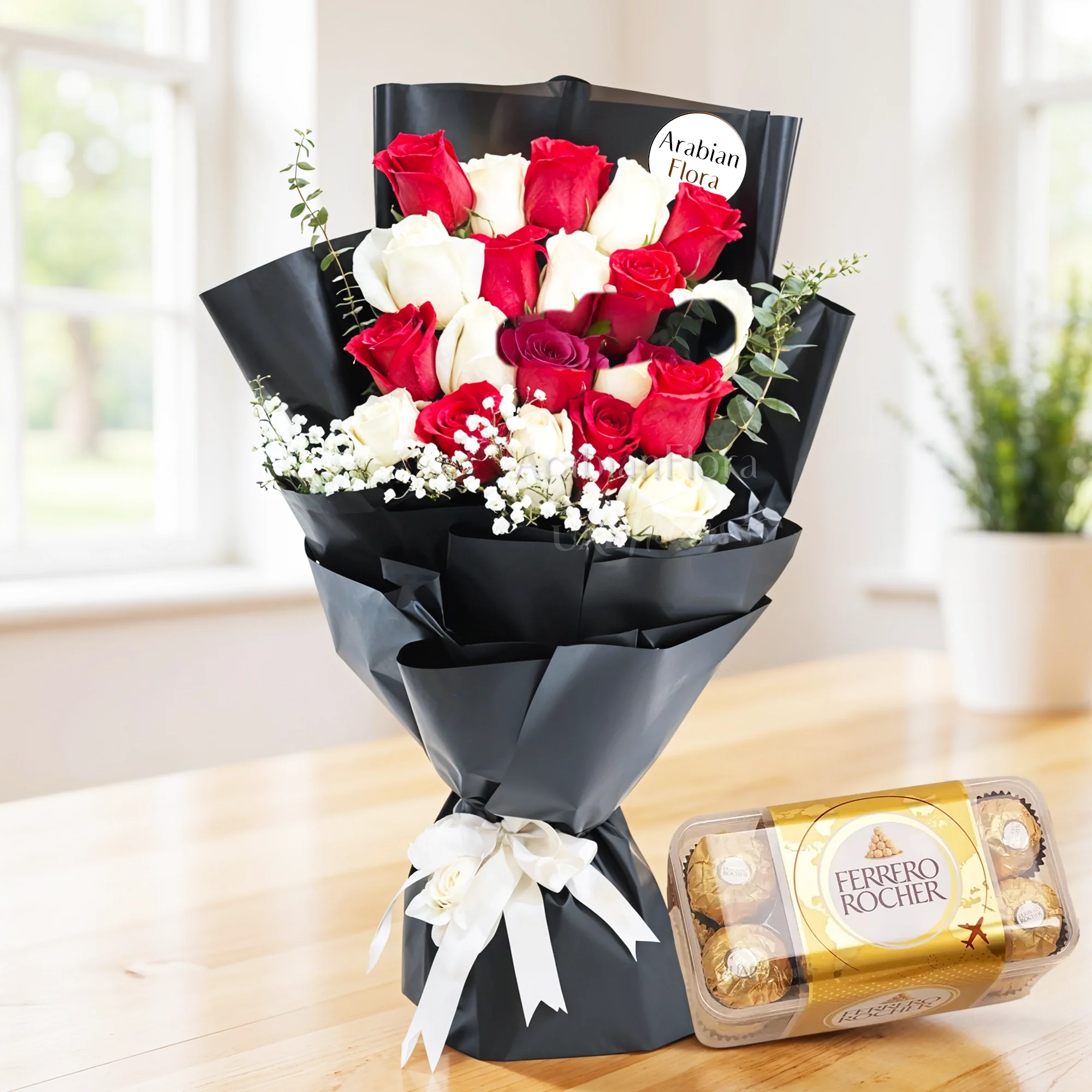 Bouquet of 20 red & white roses and 16 Pcs Ferrero Rocher Chocolate.
