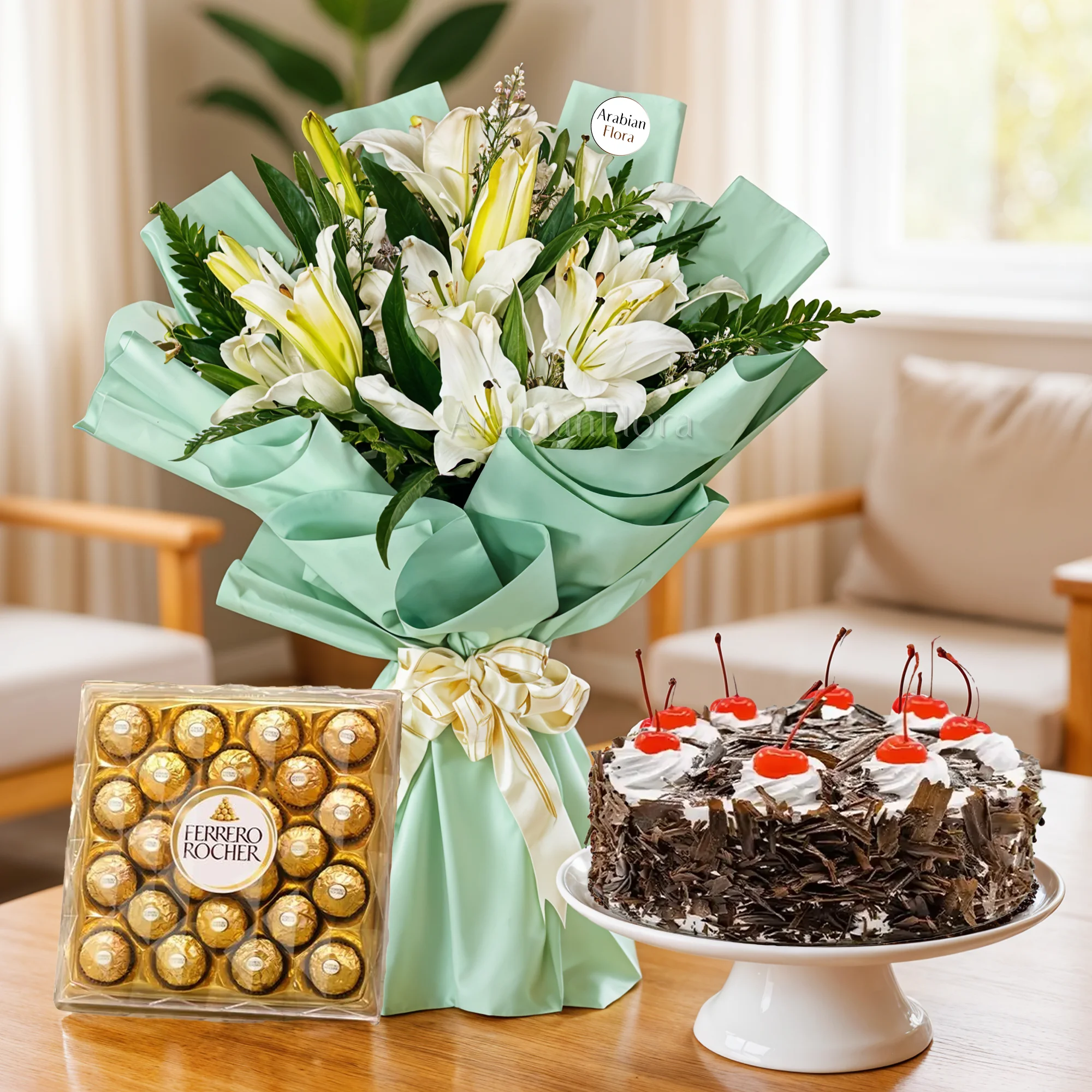 white lilies, black forest cake, ferrero rocher chocolate.