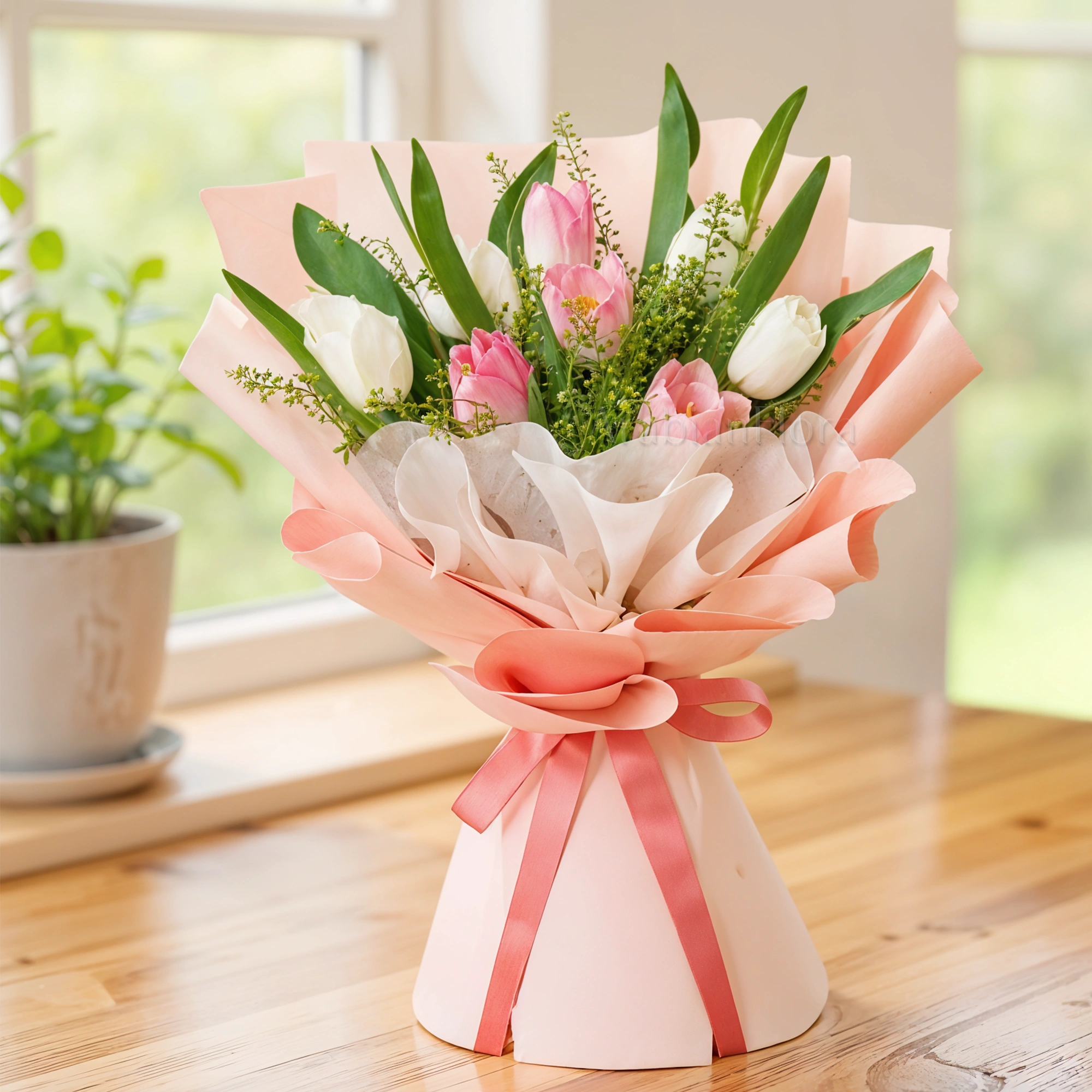 Bouquet of 10 stems of white and pink tulips with fillers beautifully wrapped in a paper packing with ribbon.