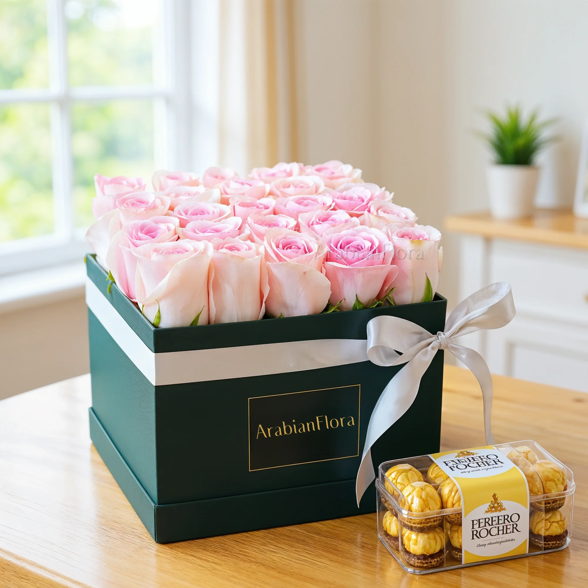 25 pink roses in a square box and 16 pcs of ferrero rocher chocolate.