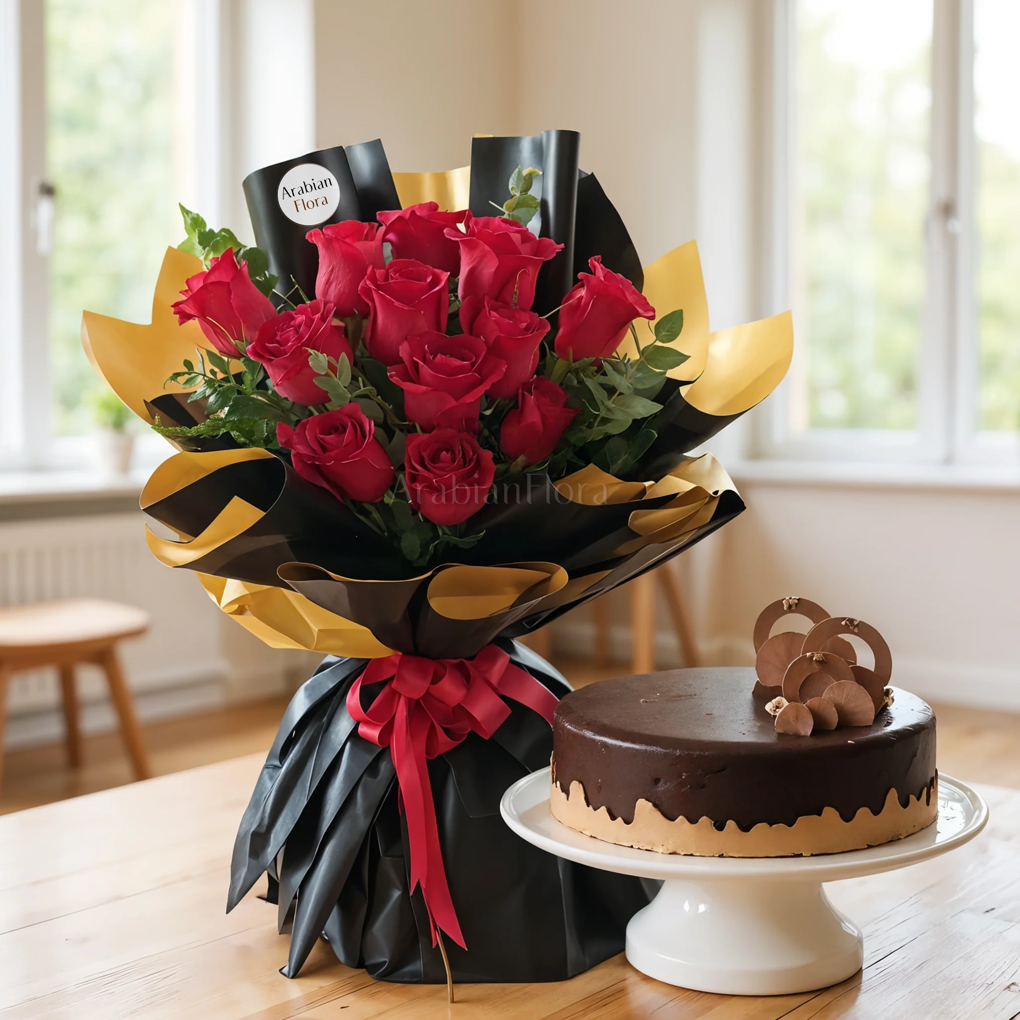 Bouquet of 12 Red Roses with 1 kg Chocolate Cake