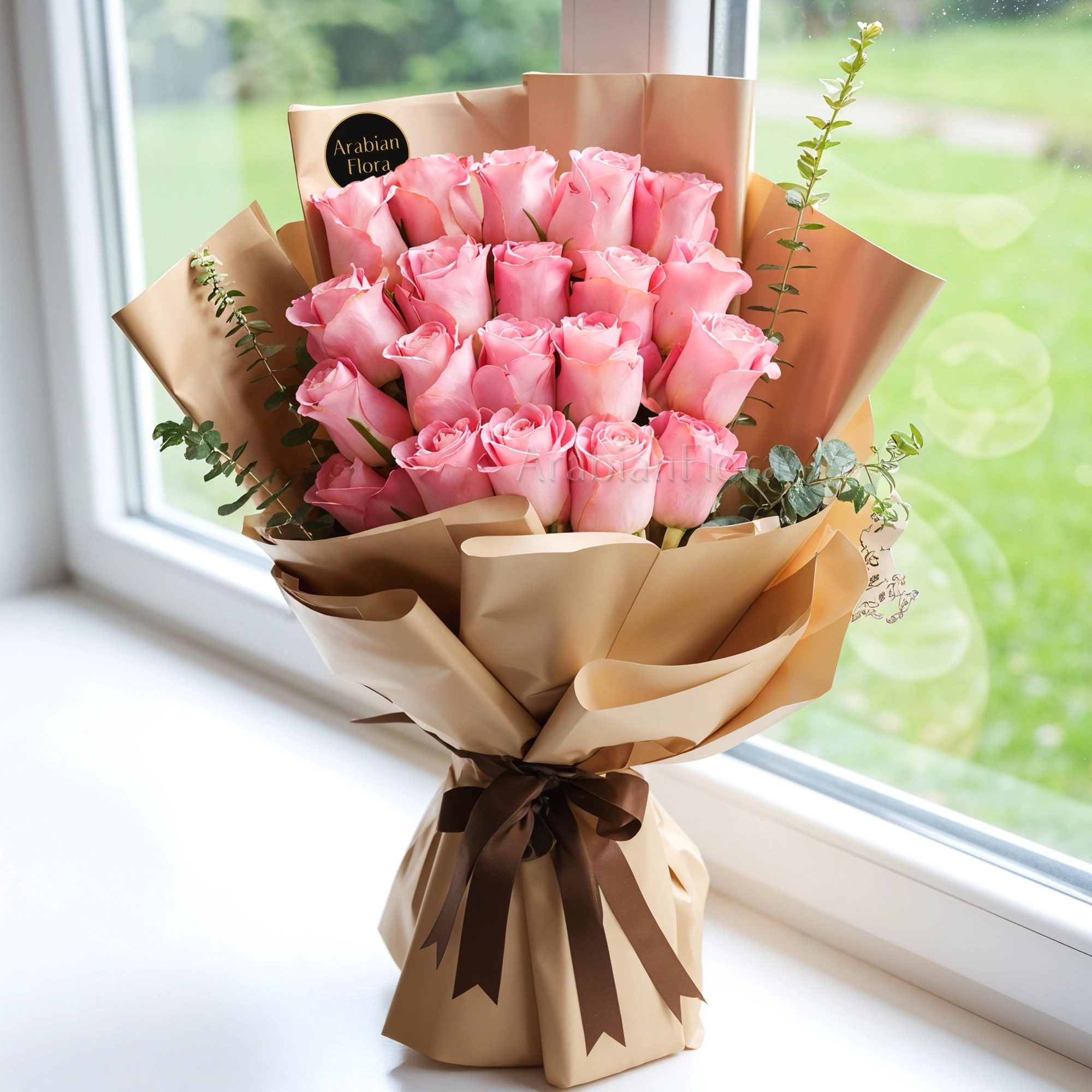Bouquet of 20 pink roses with green fillers in paper packing tied with brown ribbons.