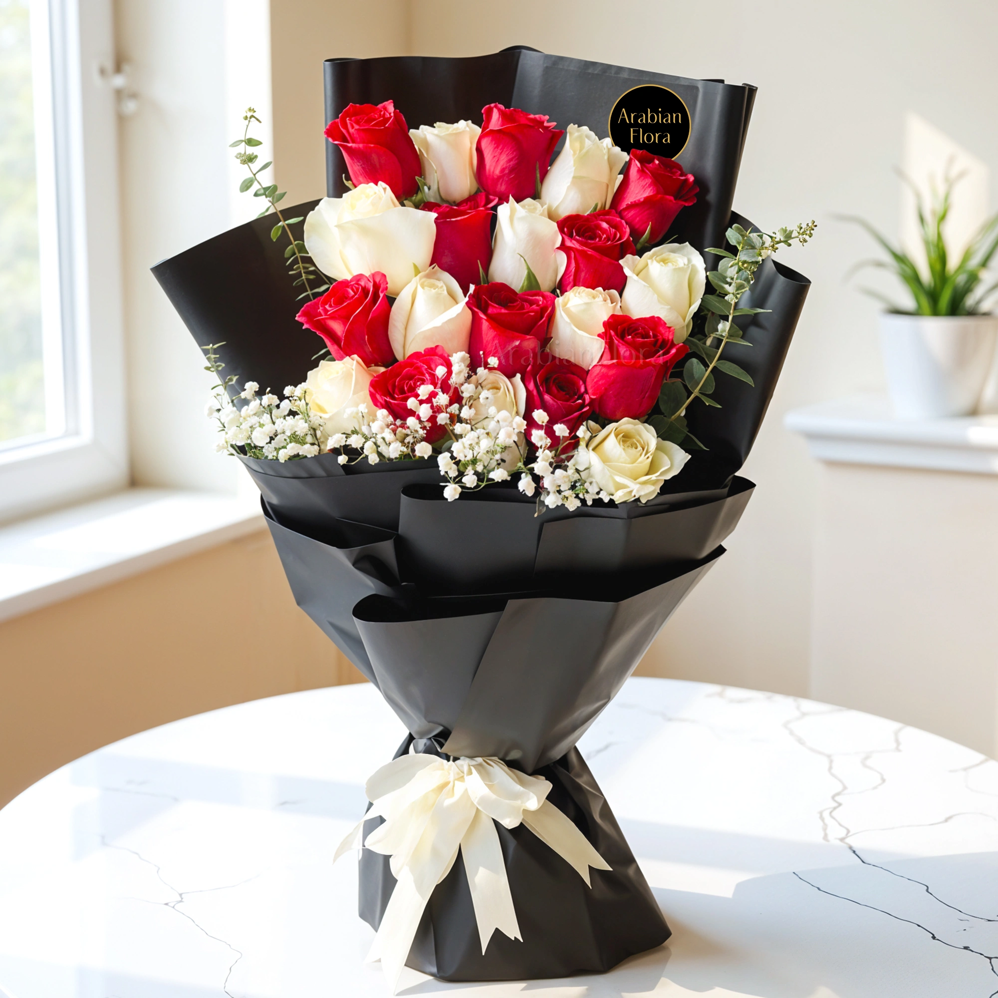 Bouquet of 20 red and white roses with baby's breath fillers in black wrapping paper tied with white ribbons.