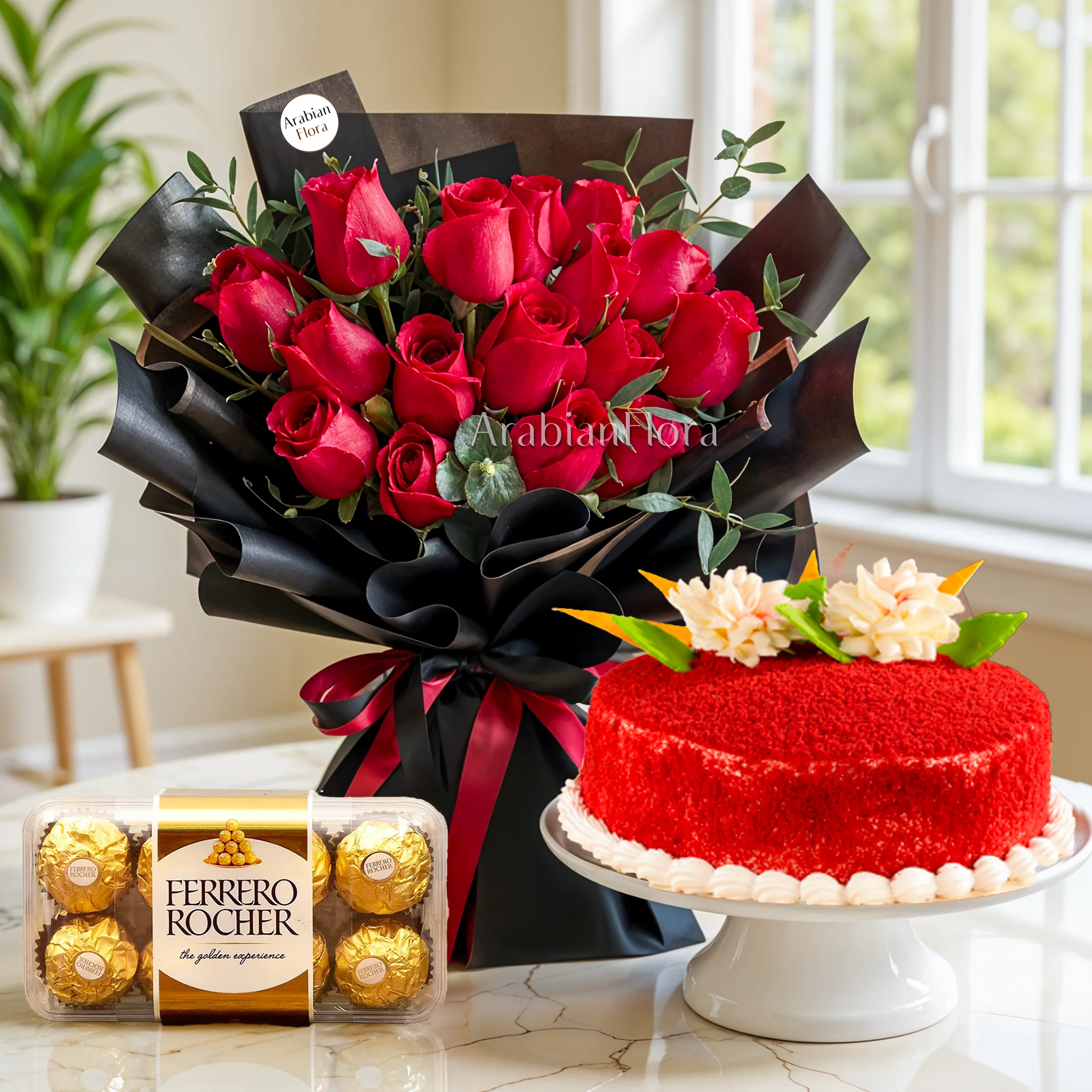 Ferrero Rocher chocolate, red velvet cake, red roses, Bouquet