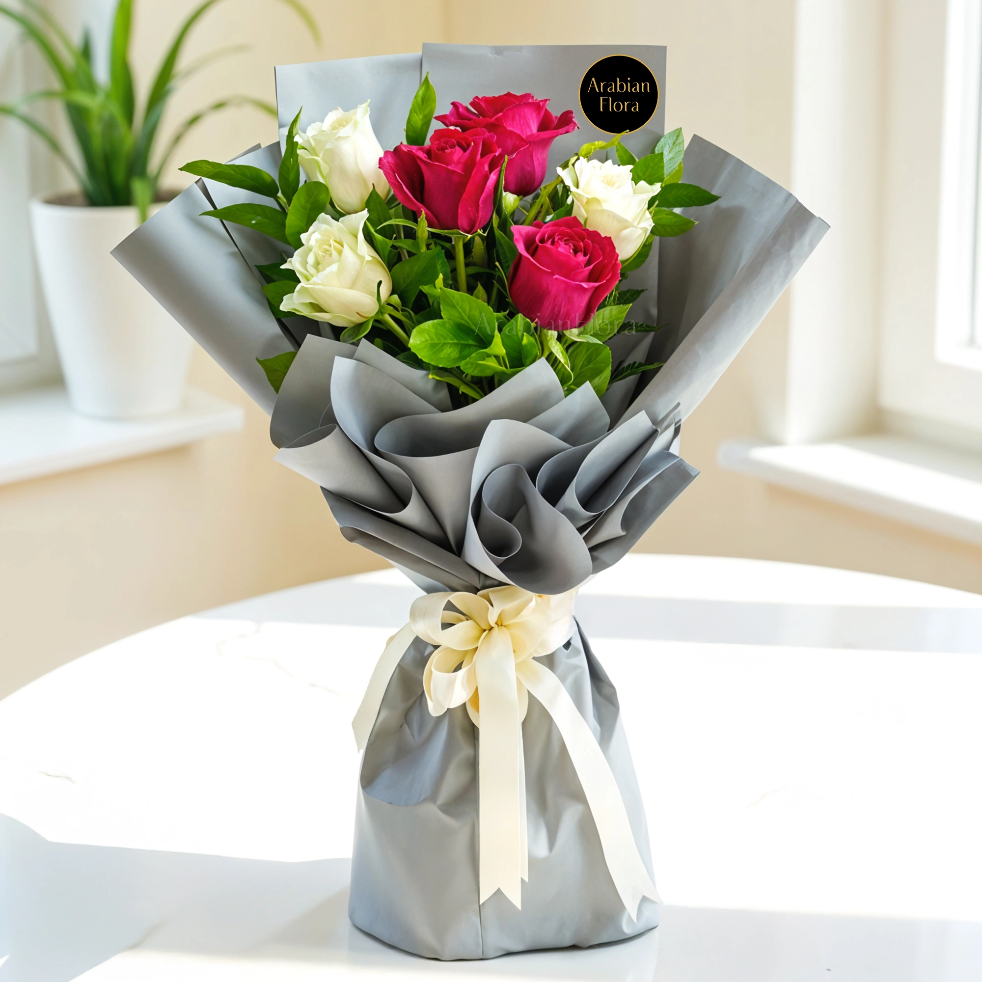 Bouquet of 6 red & white roses with green fillers in paper packing tied with ribbons.