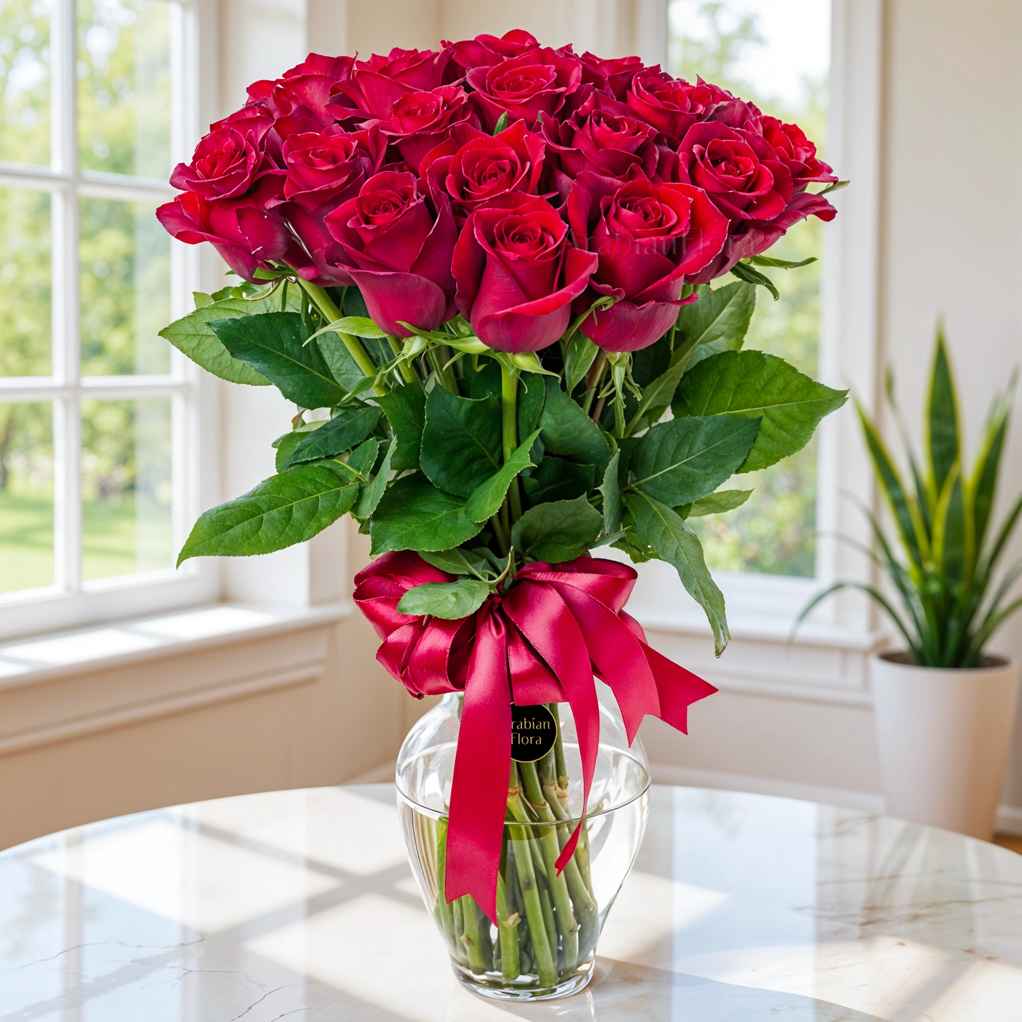 A vase arrangement of 30 red roses with green fillers tied with red ribbons.
