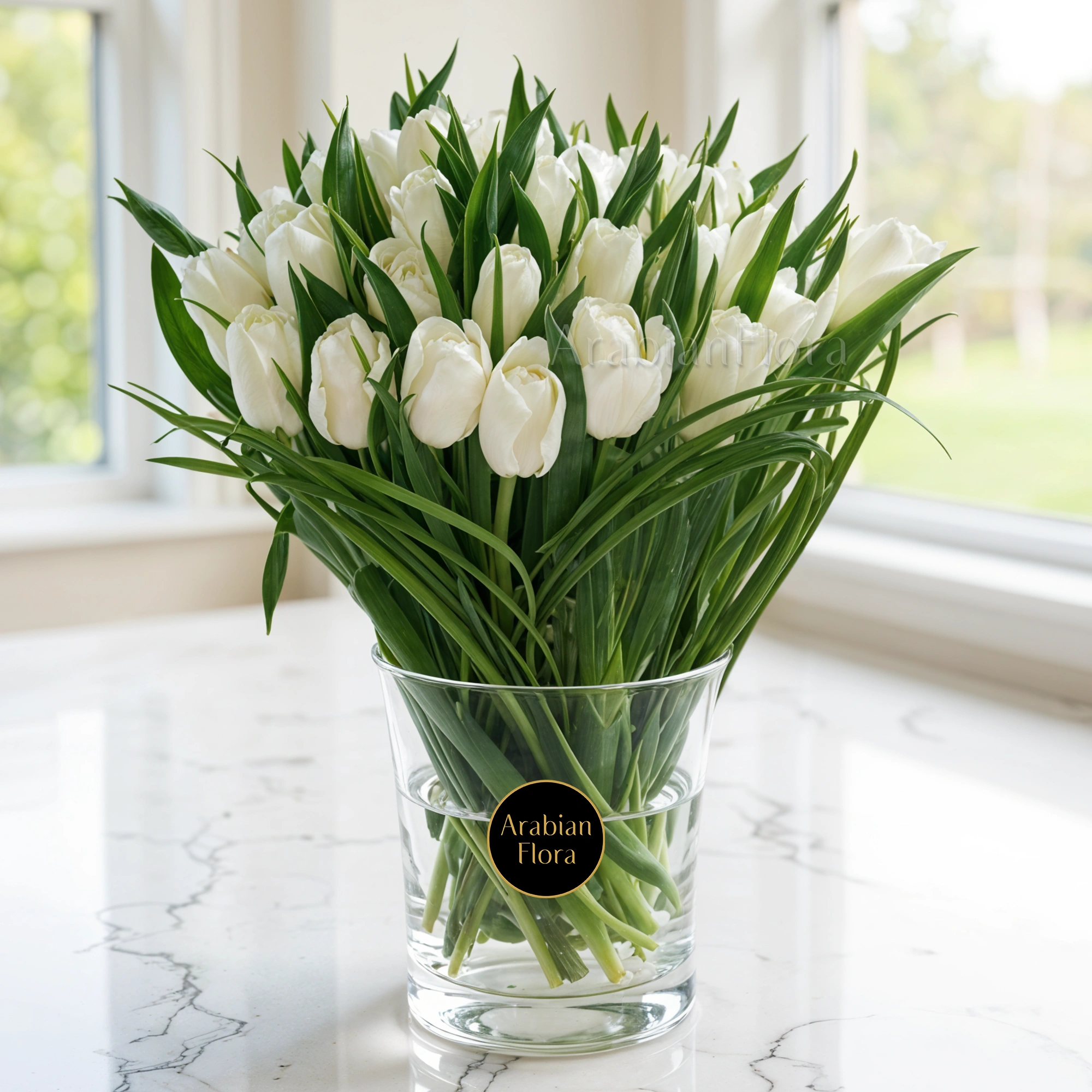 30 Stems white tulips with steel grass in a Glass Vase.