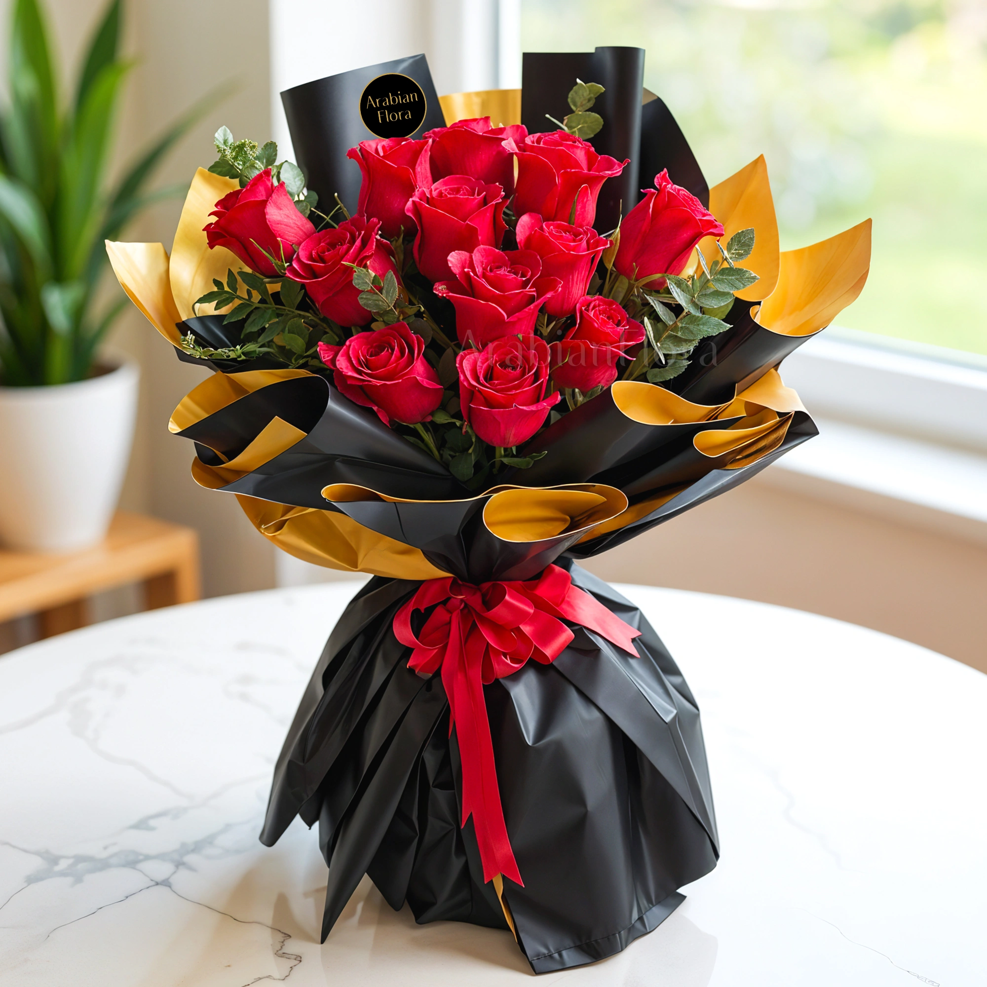 Bouquet of 12 stems of red roses with green fillers beautifully wrapped in black and gold wrapping paper with red ribbon.