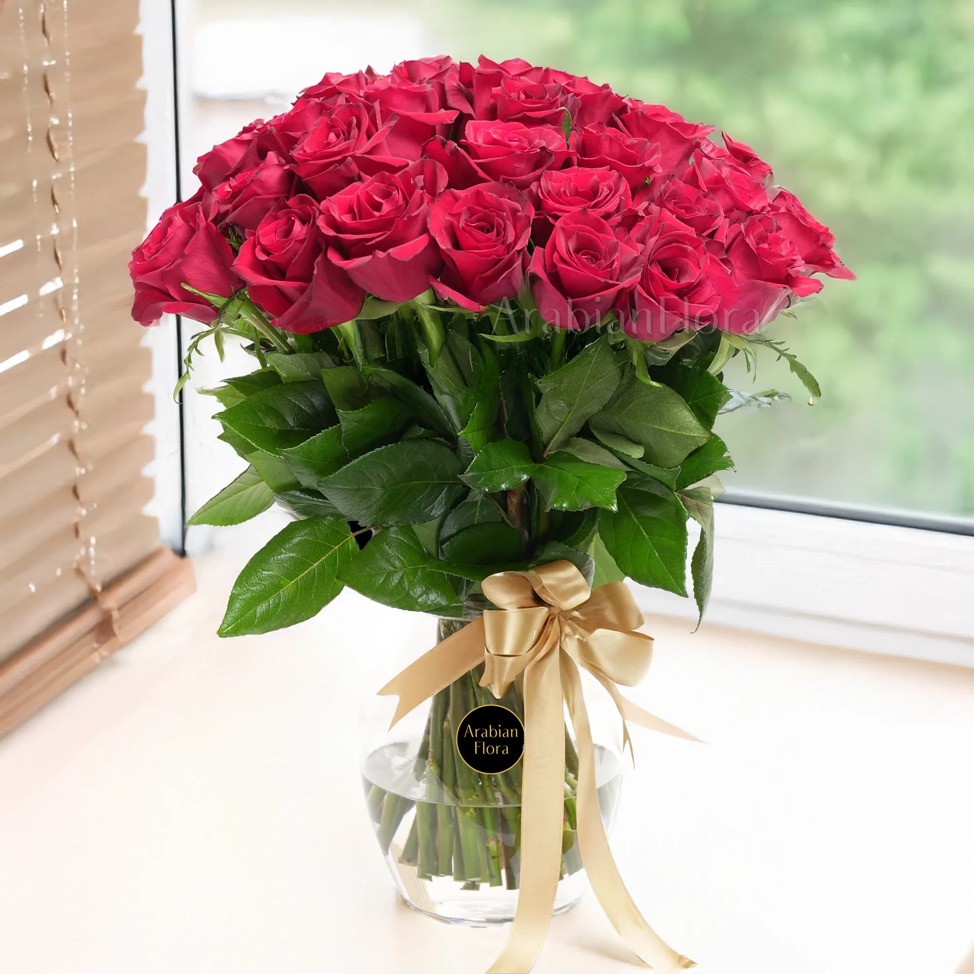 A vase arrangement of 50 red roses with green fillers and tied with golden ribbons.