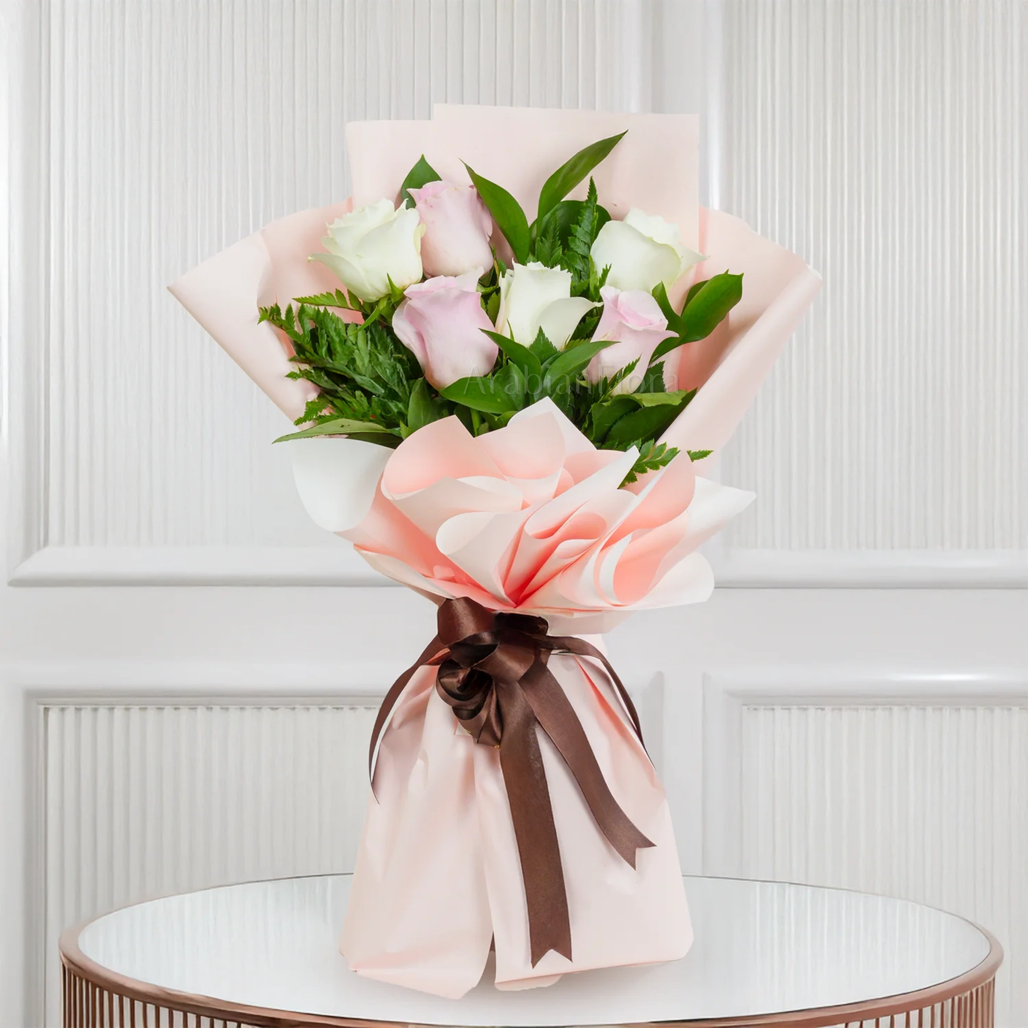 Bouquet ,6 pink & white roses with green fillers, ribbons.