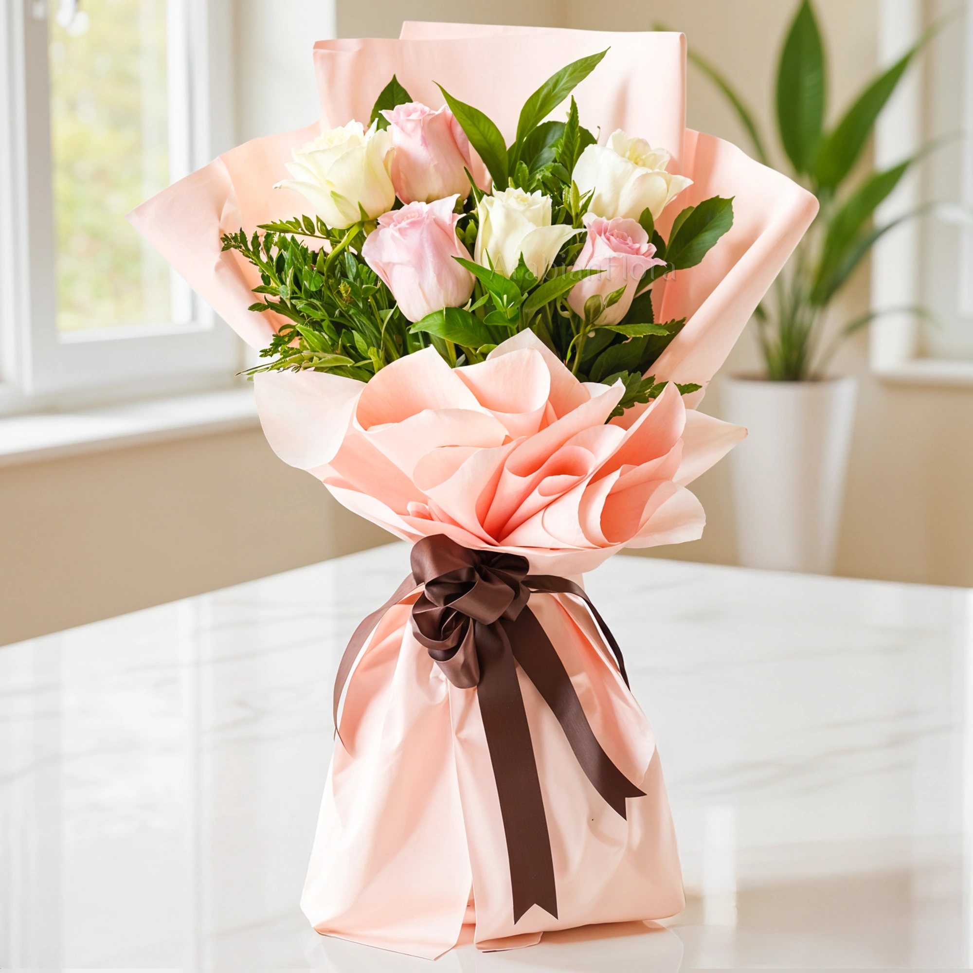 Bouquet ,6 pink & white roses with green fillers, ribbons.