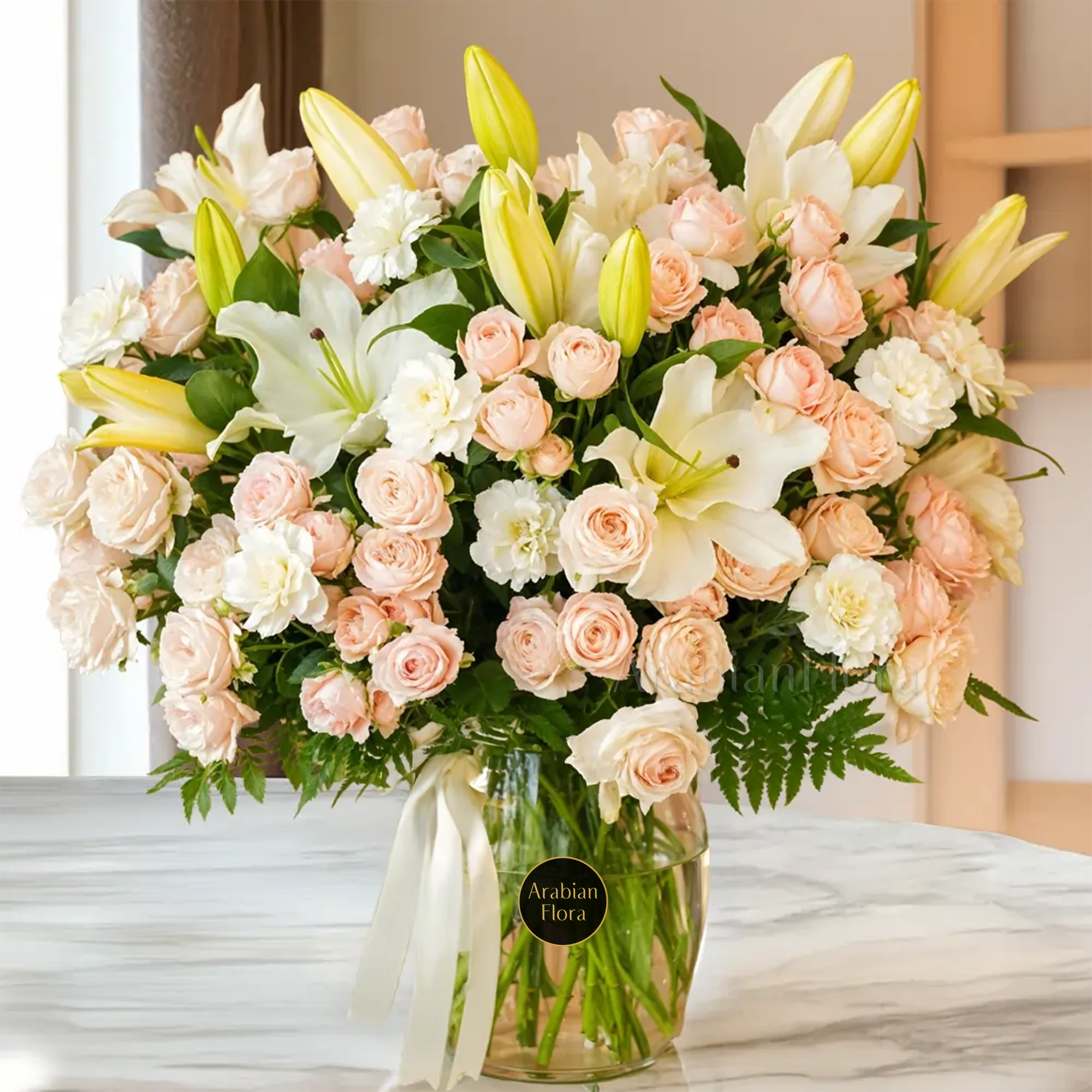 6 white lilies,15 pink spray roses and 15 white carnations with green fillers in glass vase