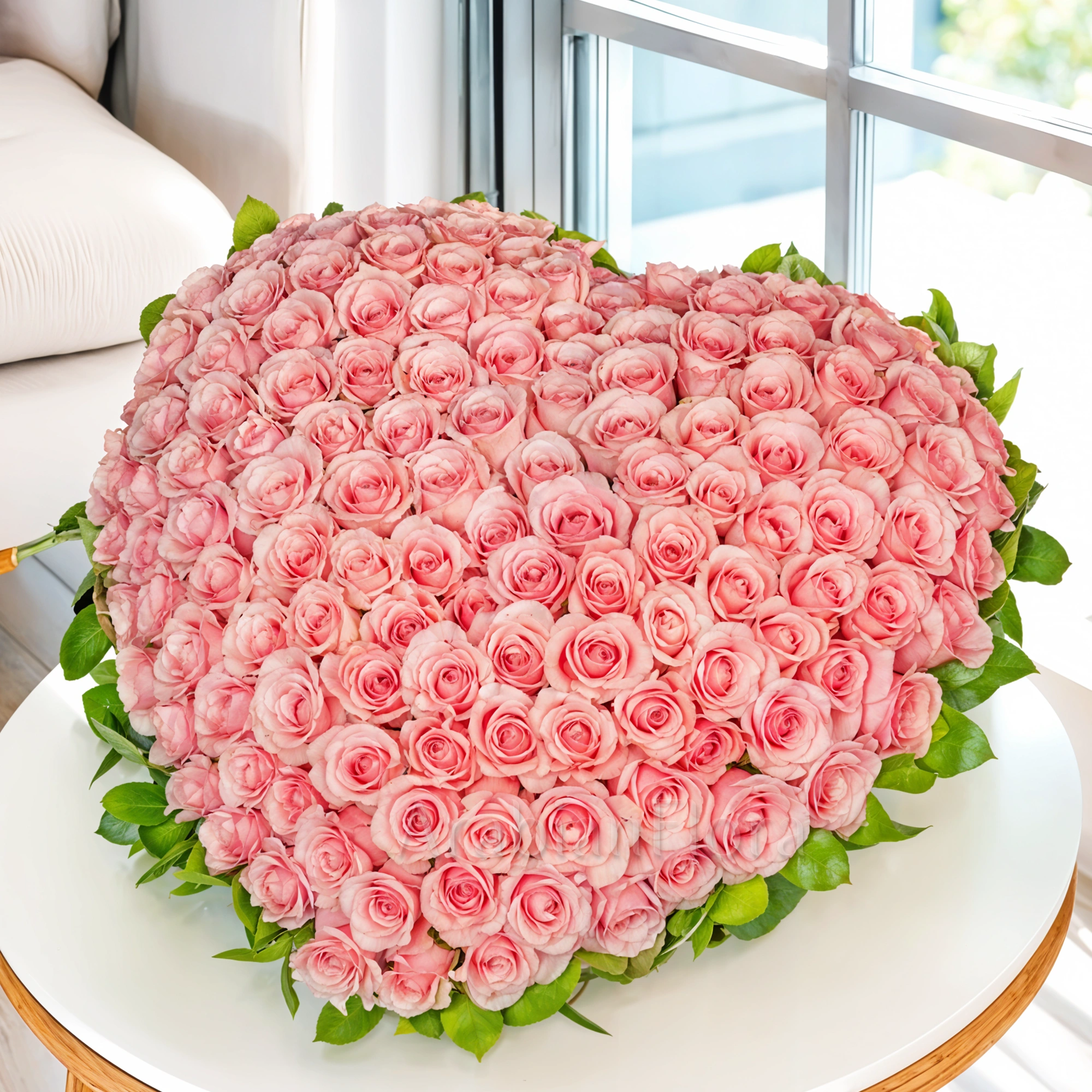 Heart-shaped arrangement of 120 pink roses with green fillers.