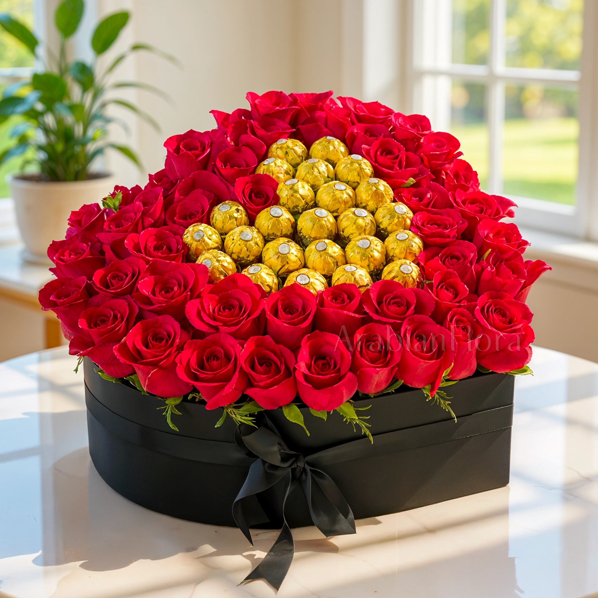 Heart-Shaped Arrangement of 50 Red Roses and 24 pcs Ferrero Rocher in a Black Box.