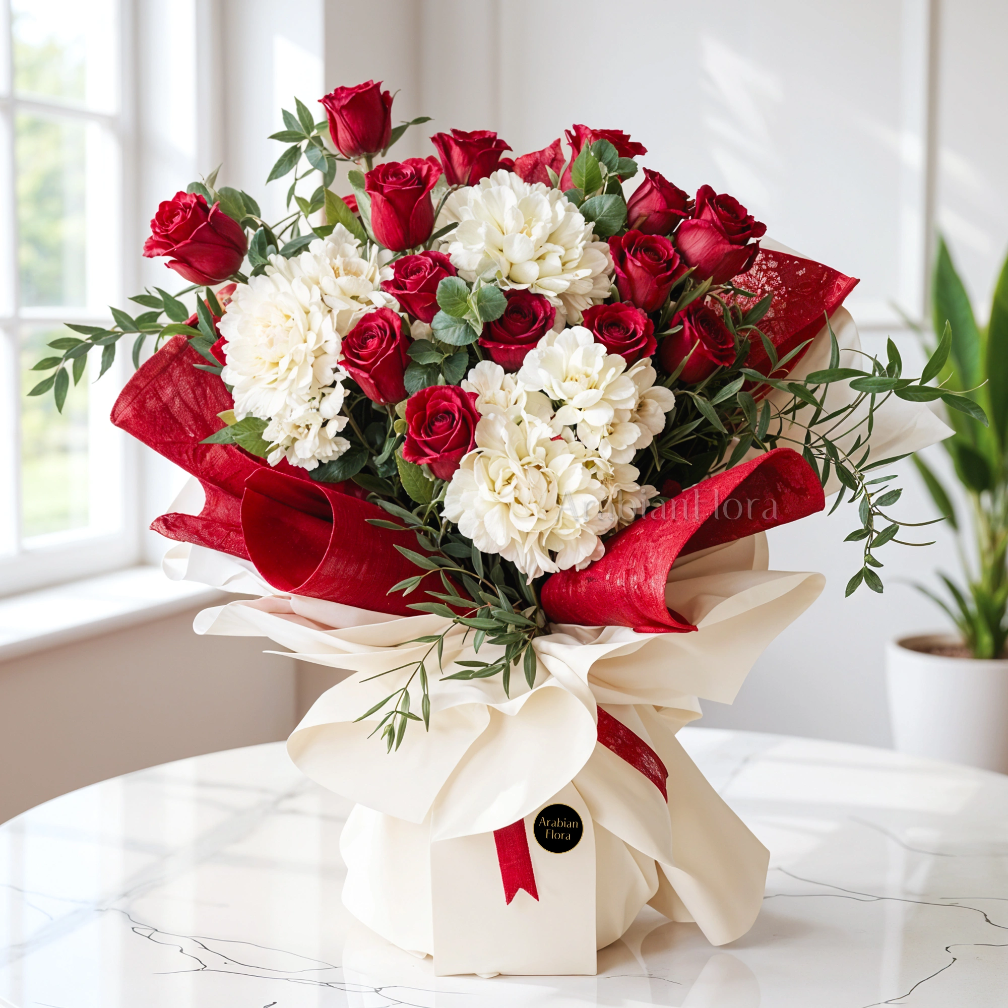 Bouquet of 3 white hydrangeas, 15 red roses with eucalyptus leaf fillers wrapped in red and white wrapping paper tied with red color ribbons.