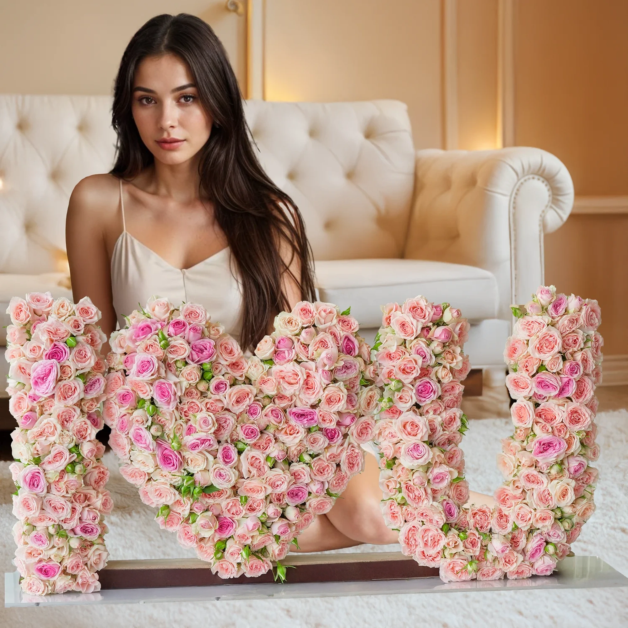 Pink Spray Roses (350-400 buds) in an I Love You Shape Arrangement.
