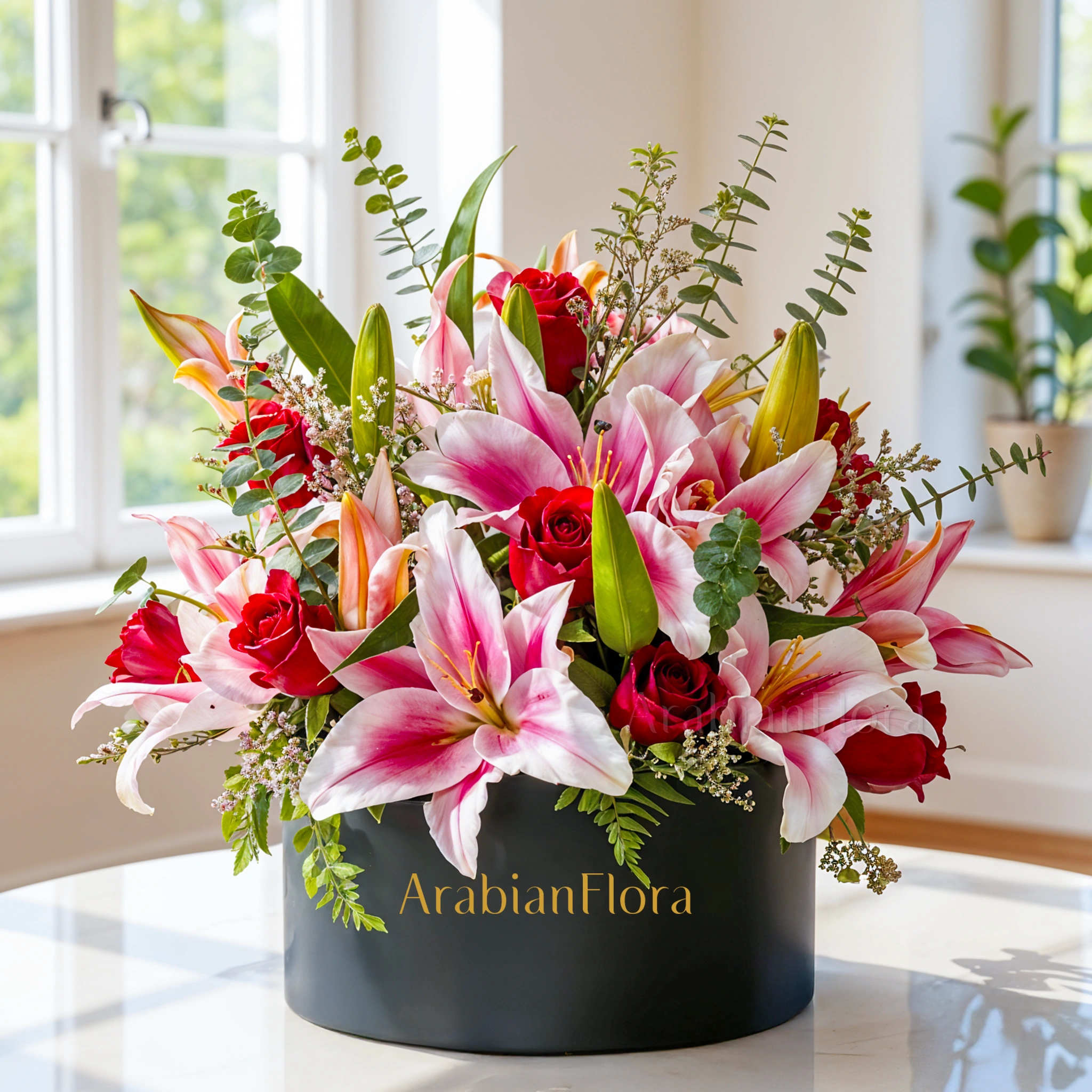 Black Box of 5 Pink Lilies & 12 Red Roses with fillers