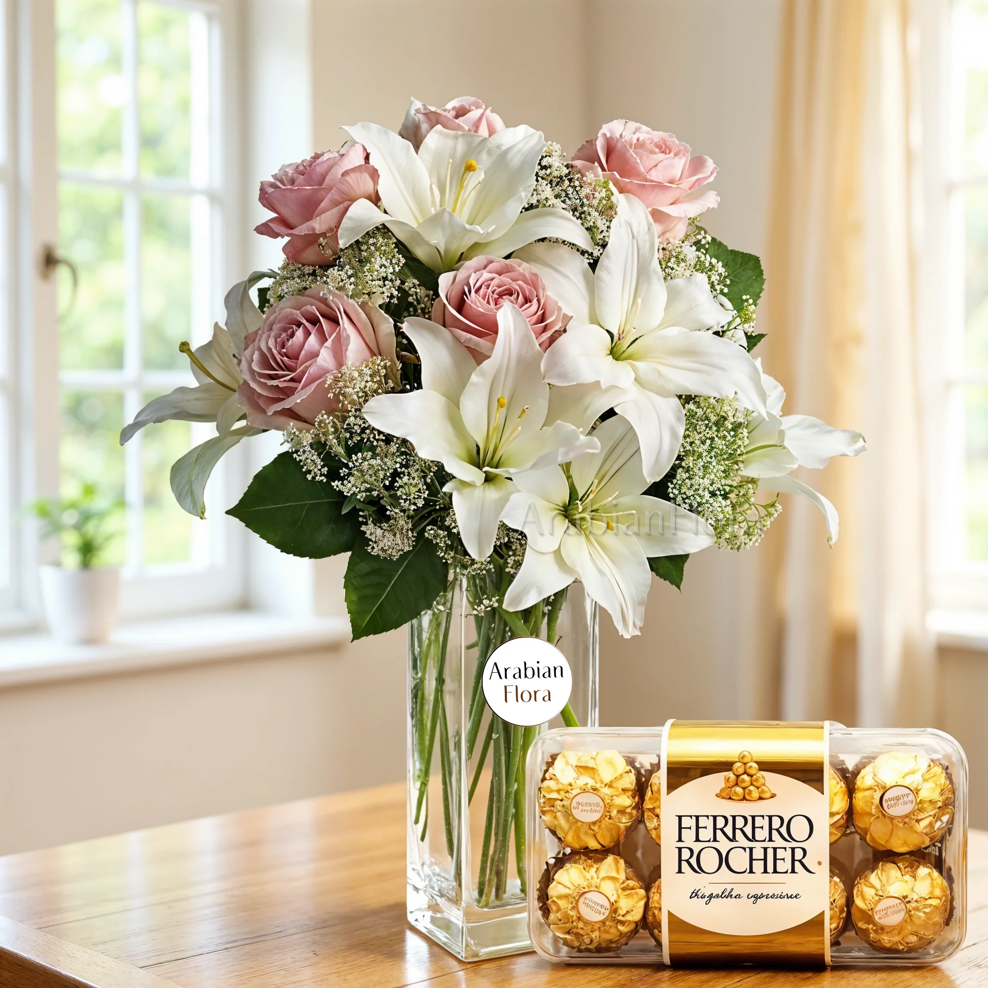 2 Stem of White Lilies and 6 Stem of Peach Roses with fillers in a glass vase with 16 pcs Ferrero Rocher Chocolate box