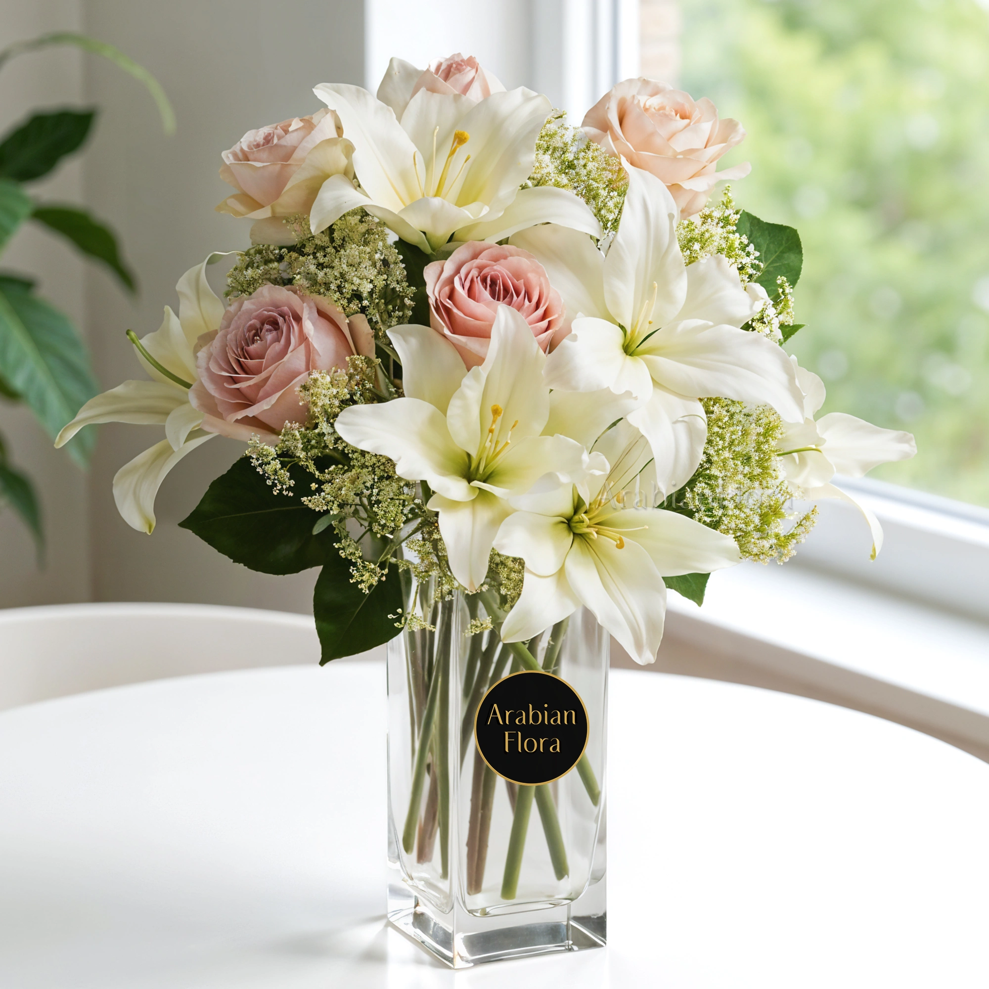 2 Stems of White Lilies (Approx 12 Flowers) and 8 Stems of Pink Roses with fillers in a vase