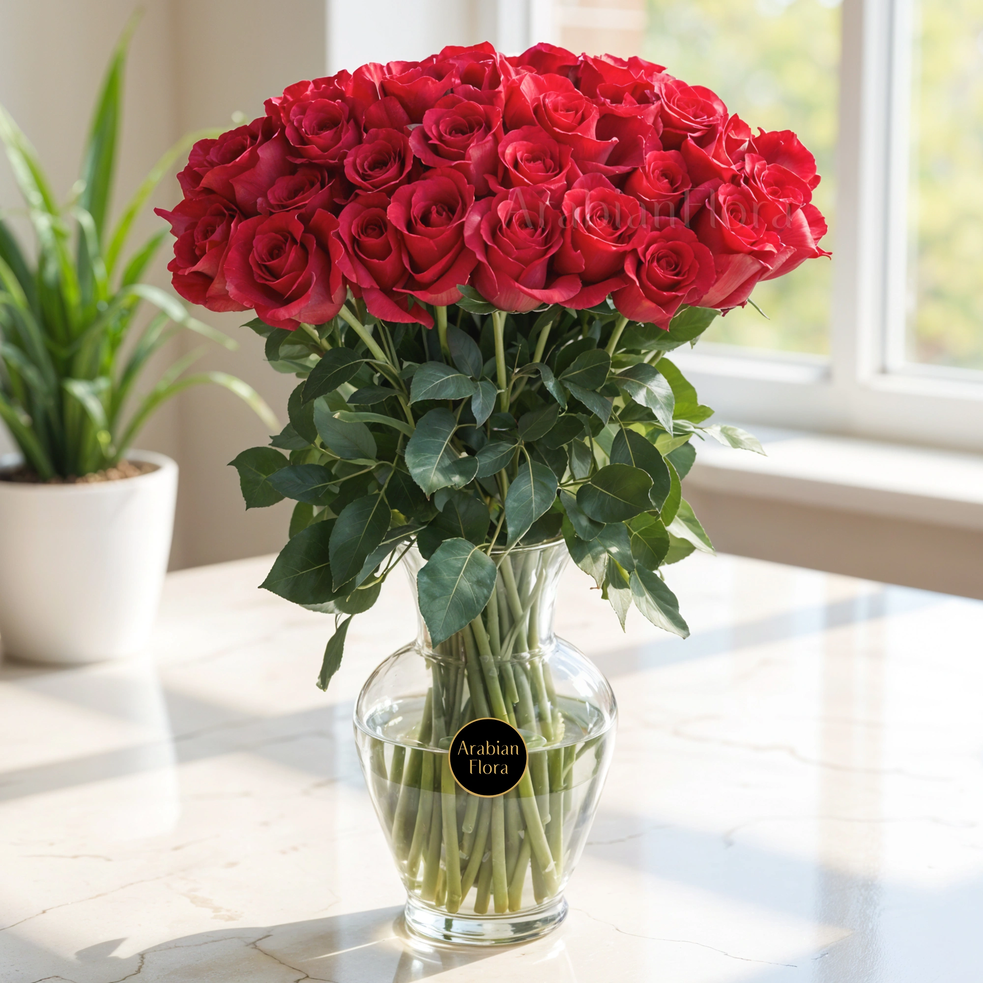 30 long stems of red roses with fillers in a glass vase.
