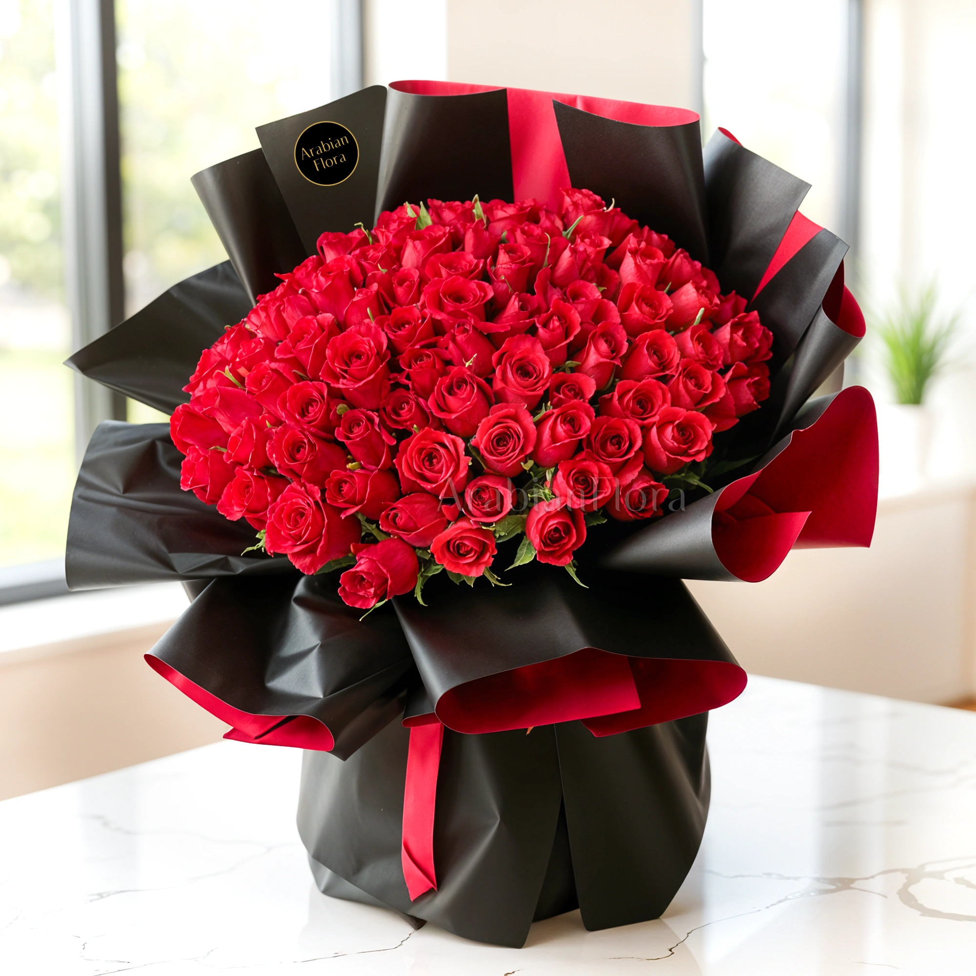 Bouquet of 75 stems of red roses in nice wrapping paper