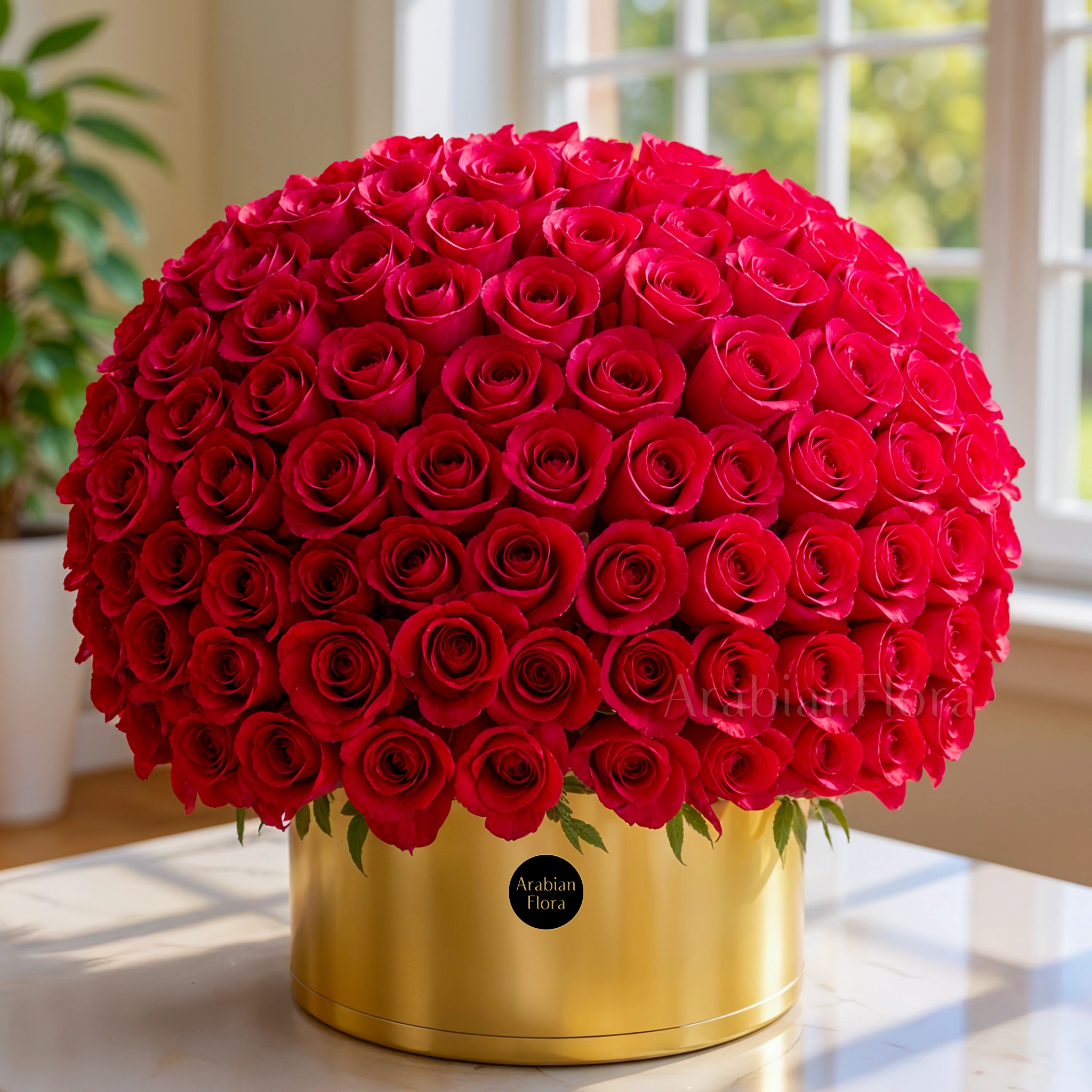 A box arrangement of 150 red roses
