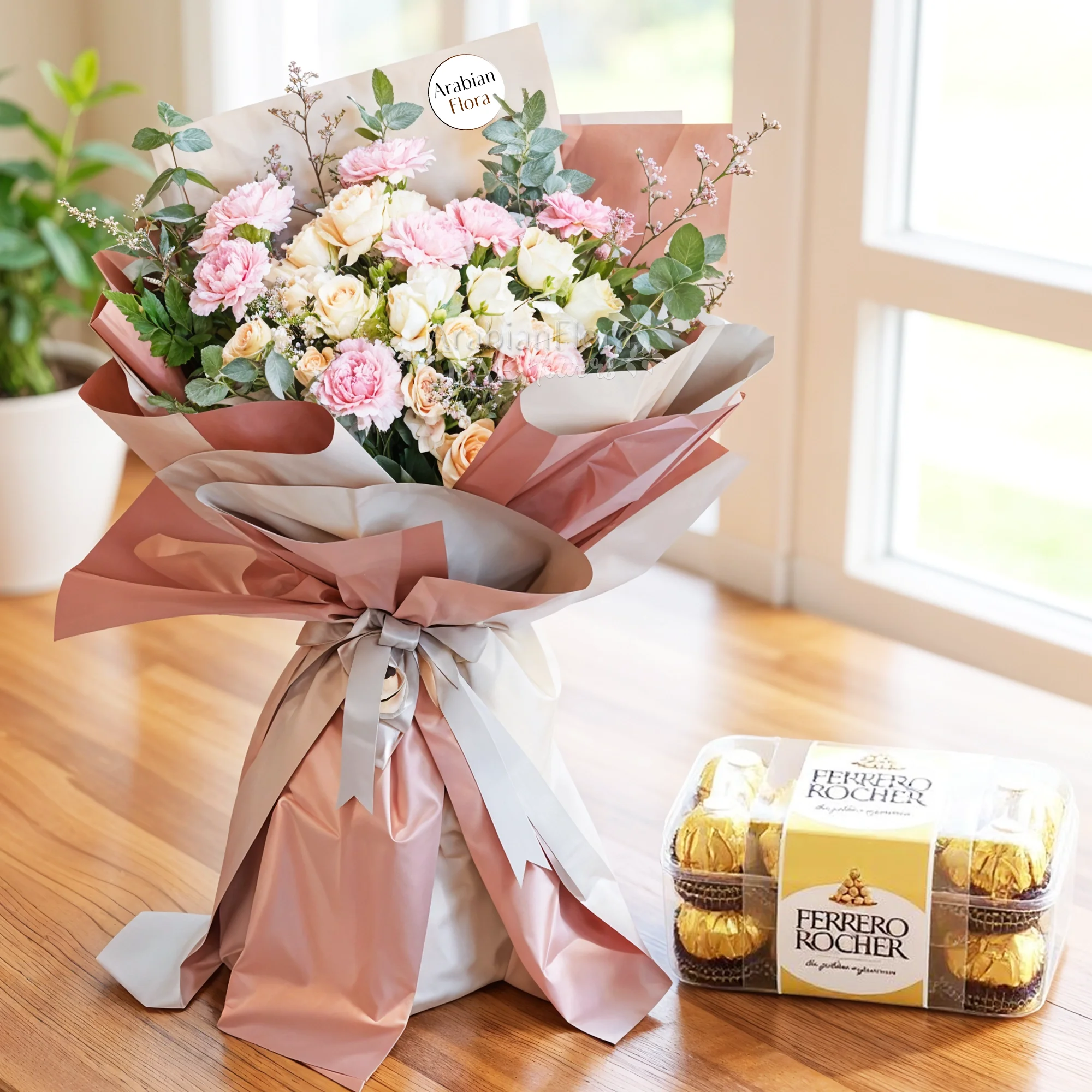 Bouquet of 8 pink carnations, 5 peach spray roses with green fillers in paper packing with ribbons and 16 pcs ferrero rocher chocolate.