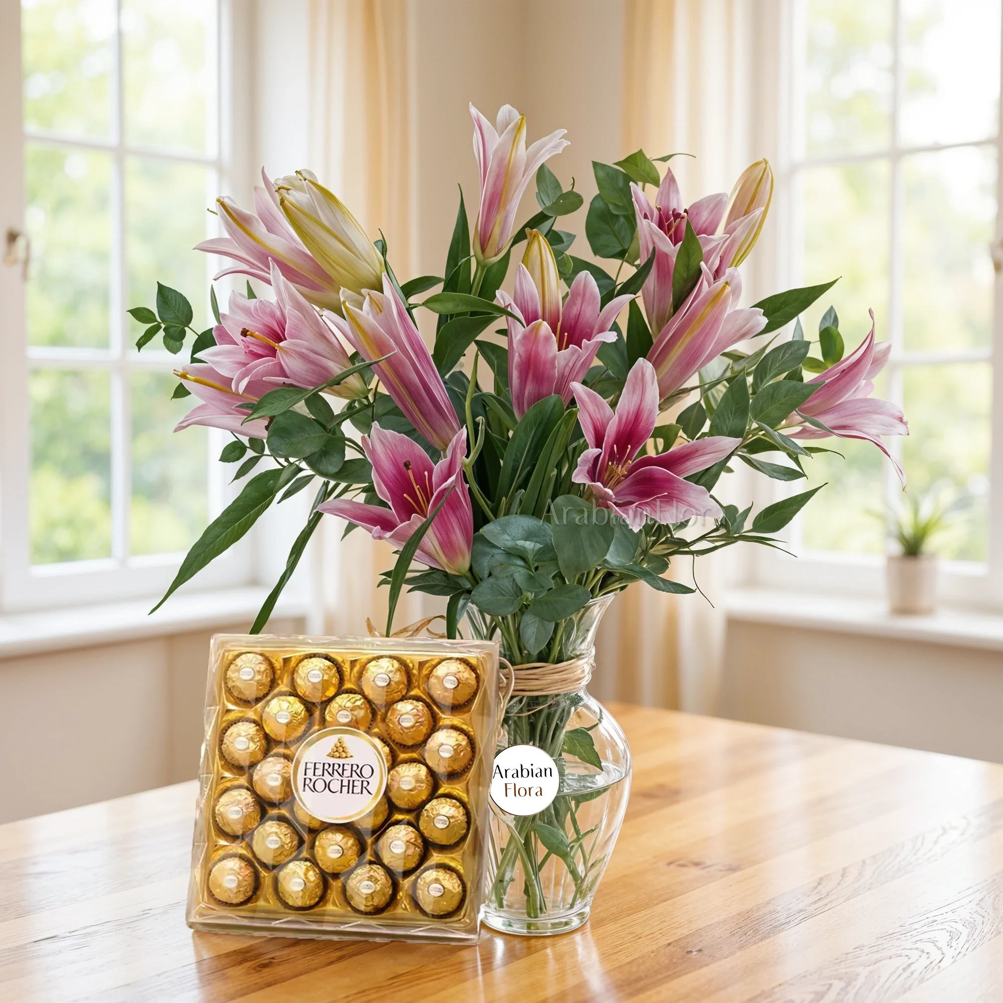 5 pink lilies with fillers in a glass vase and 24 pcs of ferrero rocher chocolate.