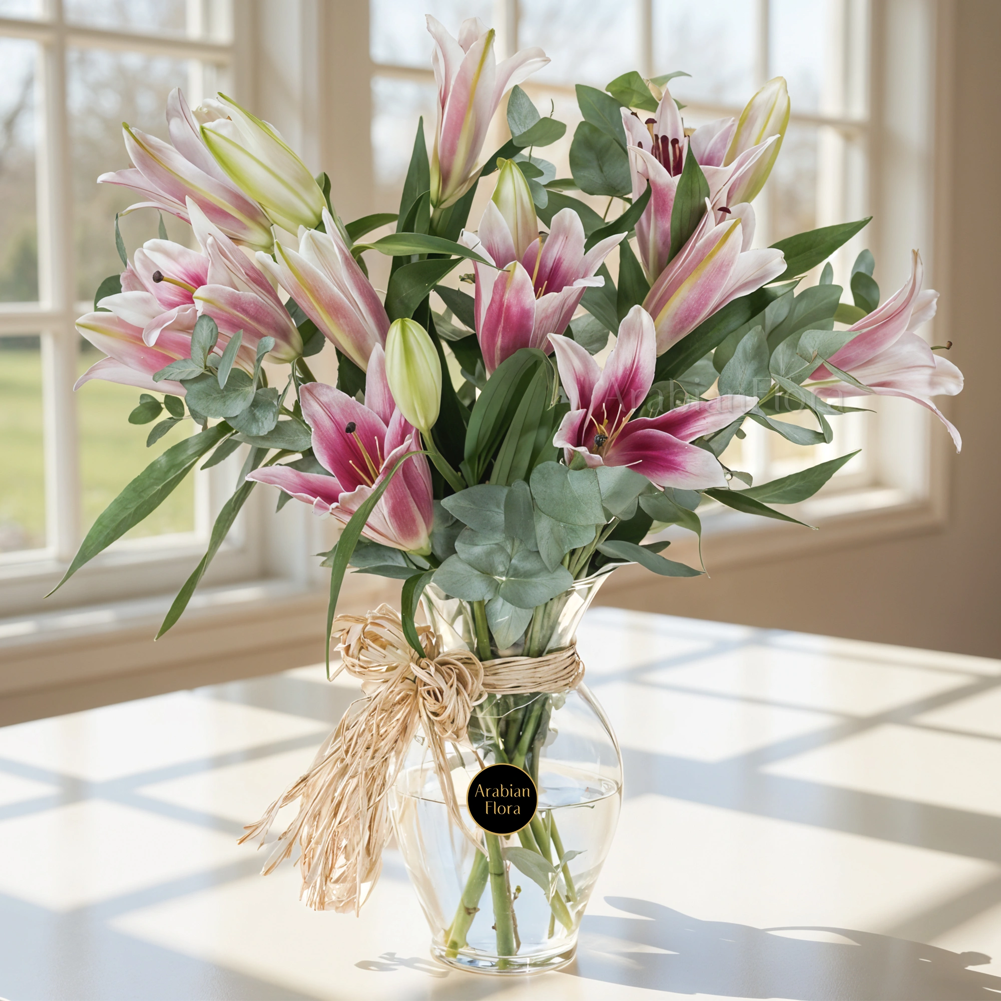 5 pink lilies with green fillers in a glass vase