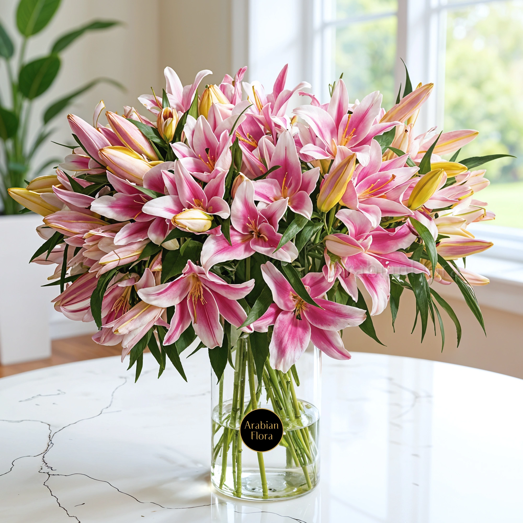 20 stems of pink lilies with eucalyptus leaf and green fillers in a glass vase.