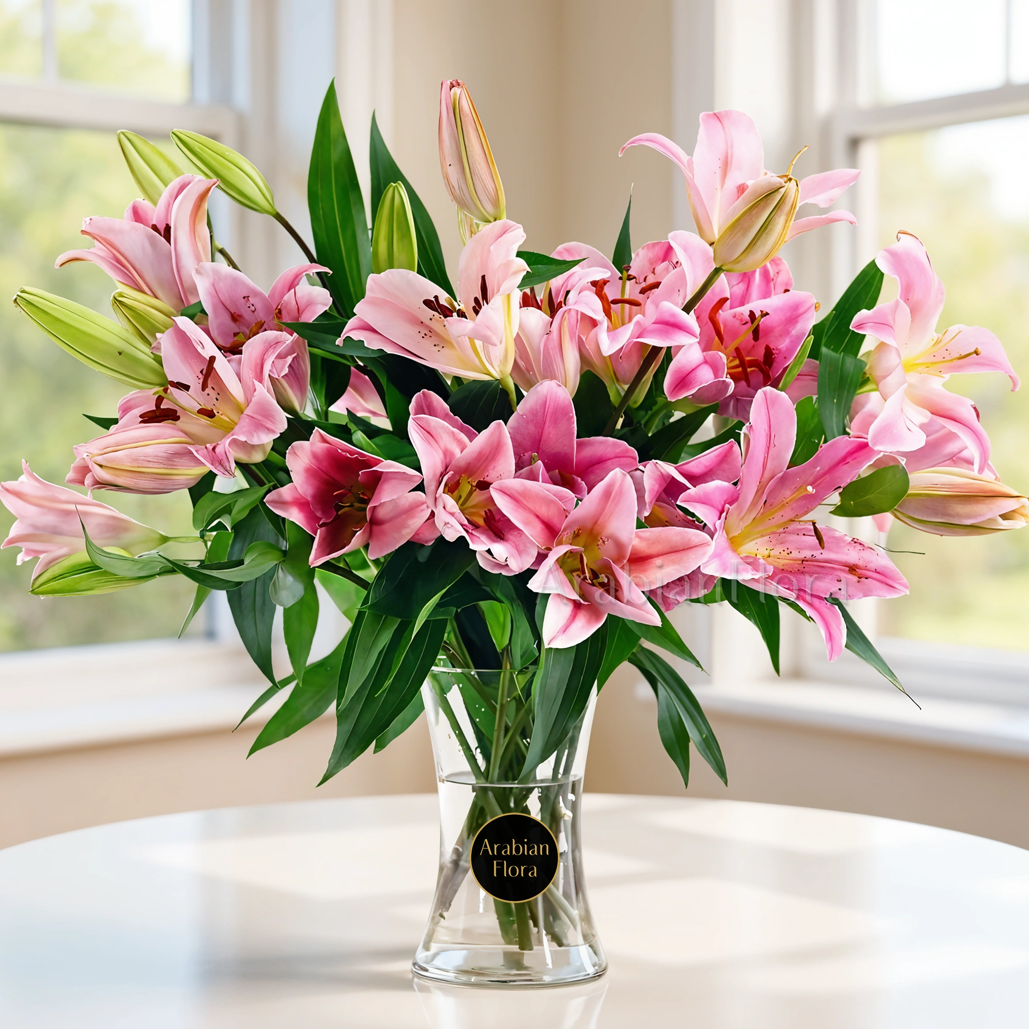 10 stems of Pink Lilies with Greens & Fillers in a Glass Vase.