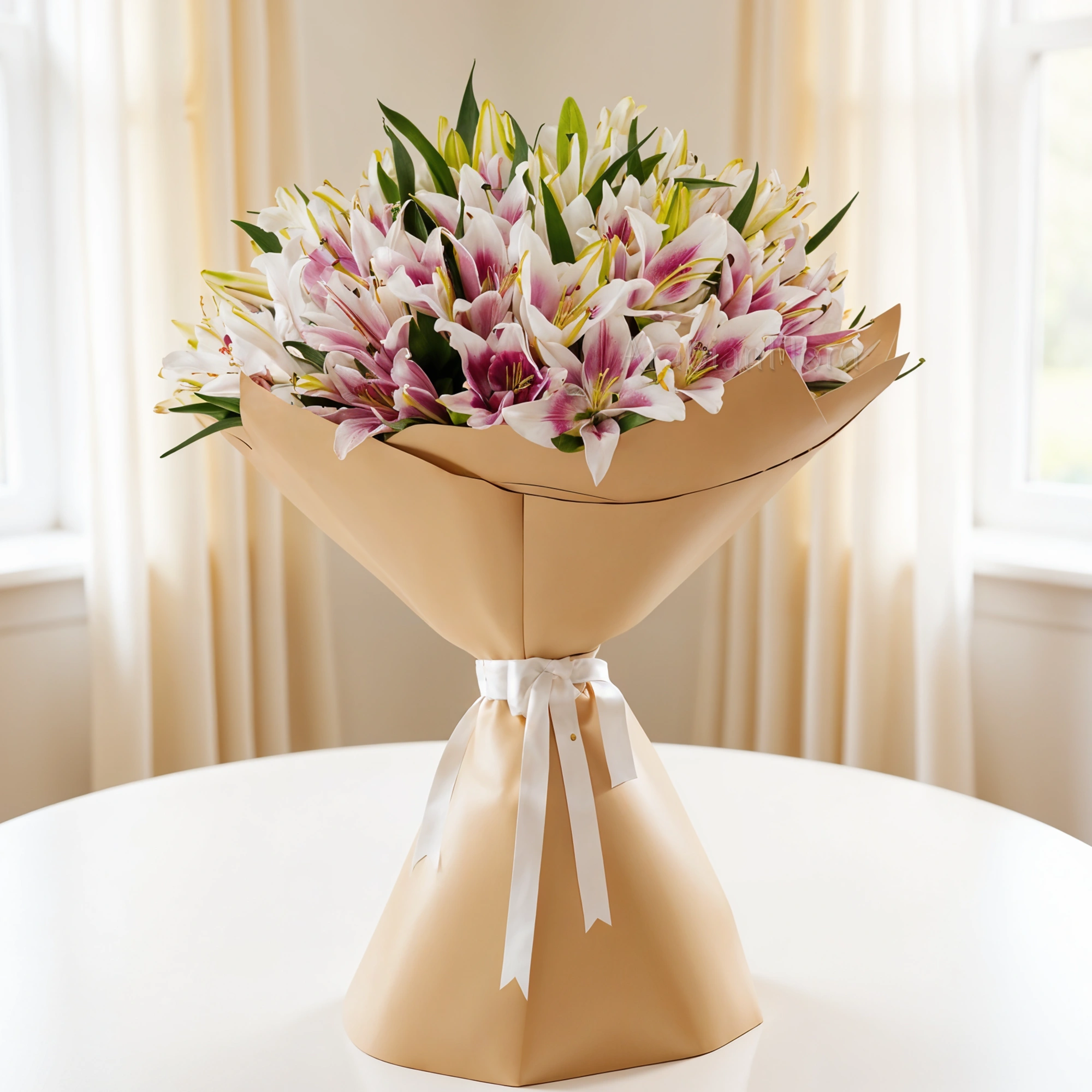 Bouquet of 20 pink lilies with fillers in brown wrapping paper and tied with ribbons.