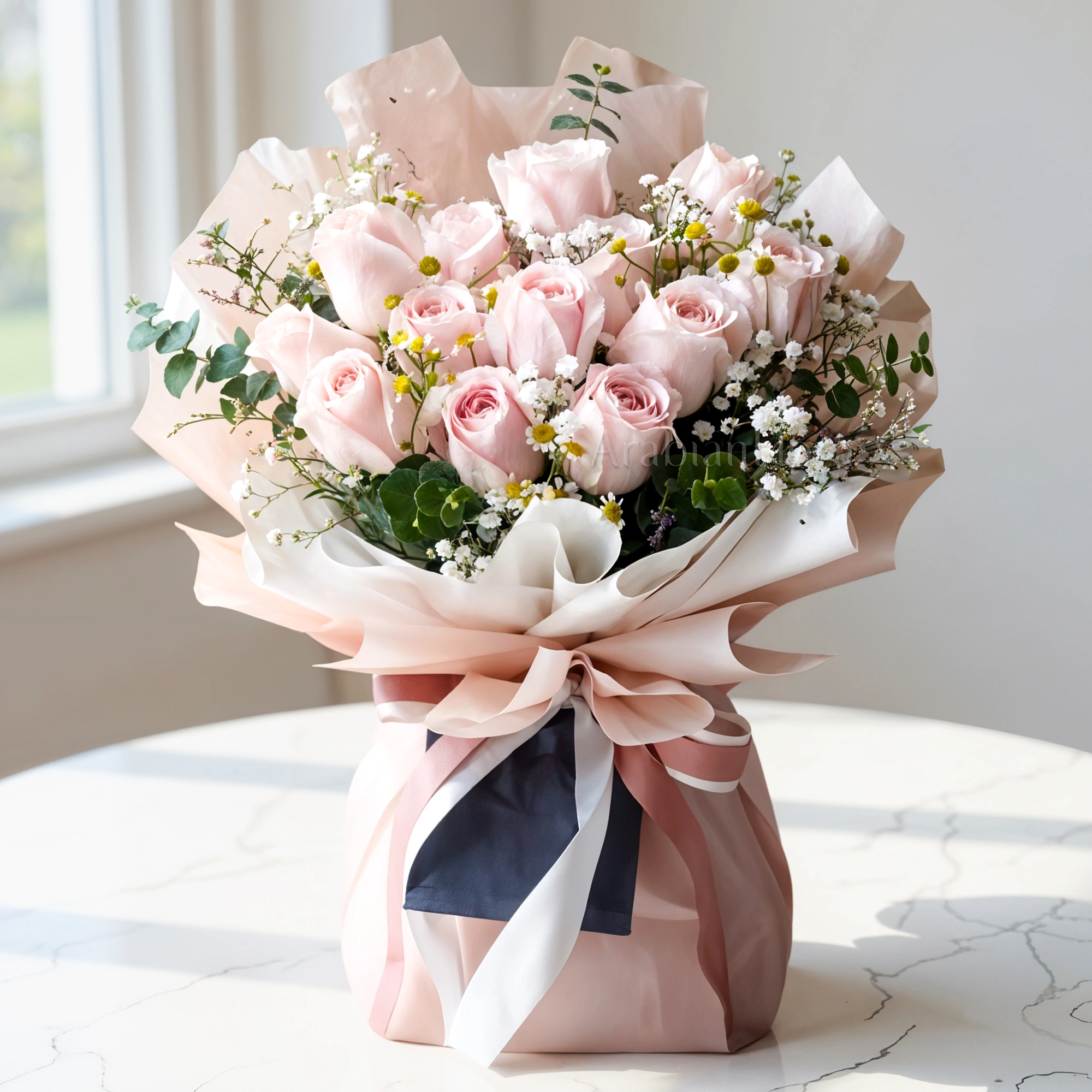 Bouquet of 12 stems of pink roses with fillers in a nice wrapping
